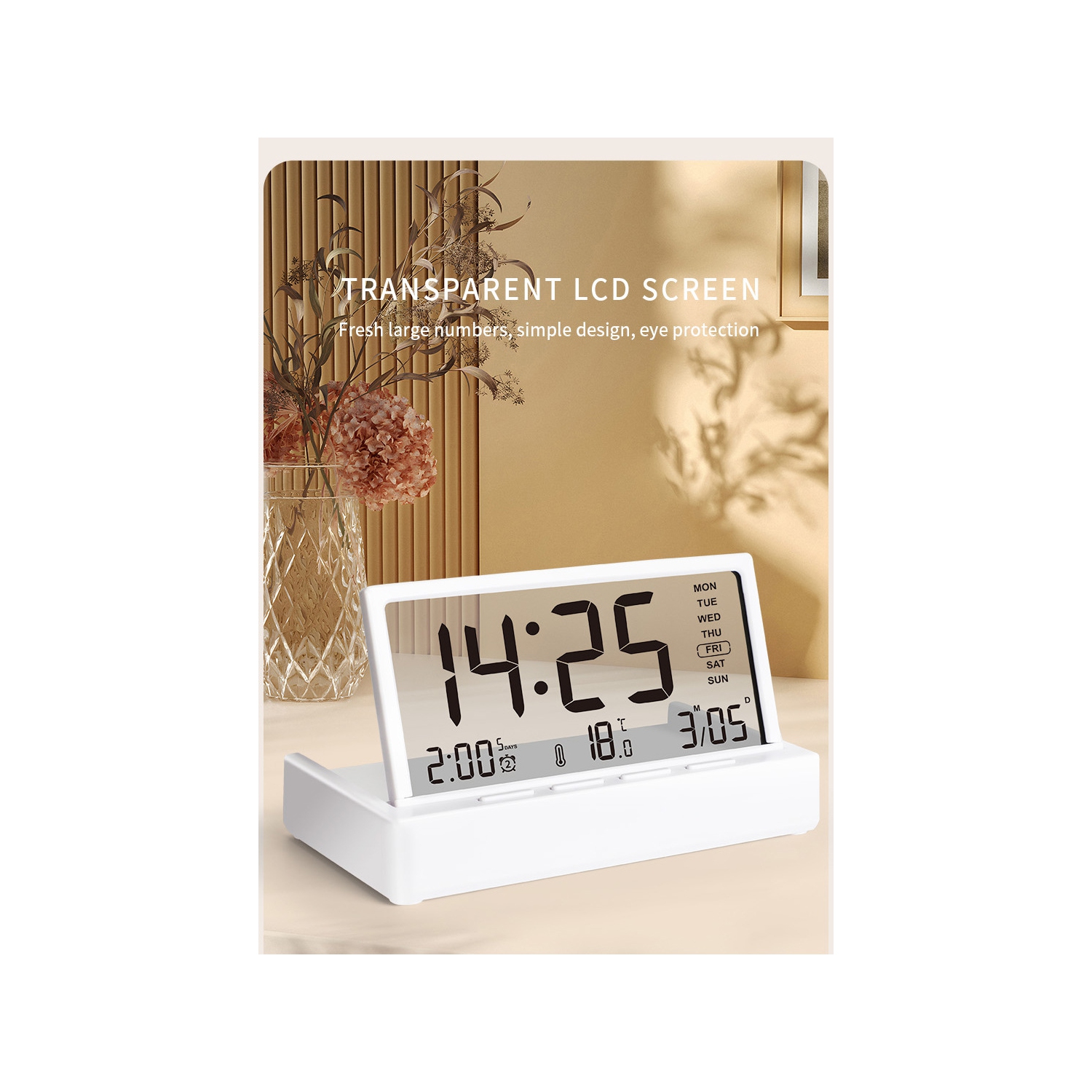 New LCD folding alarm clock desktop multi-function temperature large screen display simple transparent electronic clock with transparent temperature,
