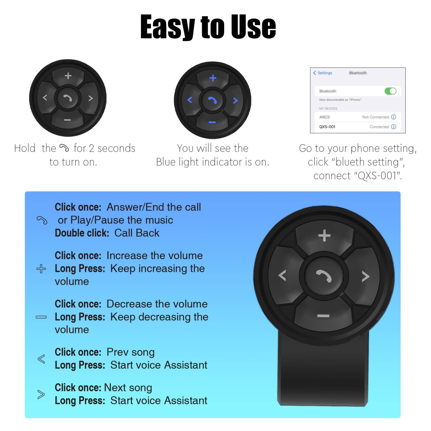 Phone Controller Button Bluetooth 5.3 Smart Remote Control for Iphone and Android Device for Car Bike Motorbike Steering Wheel