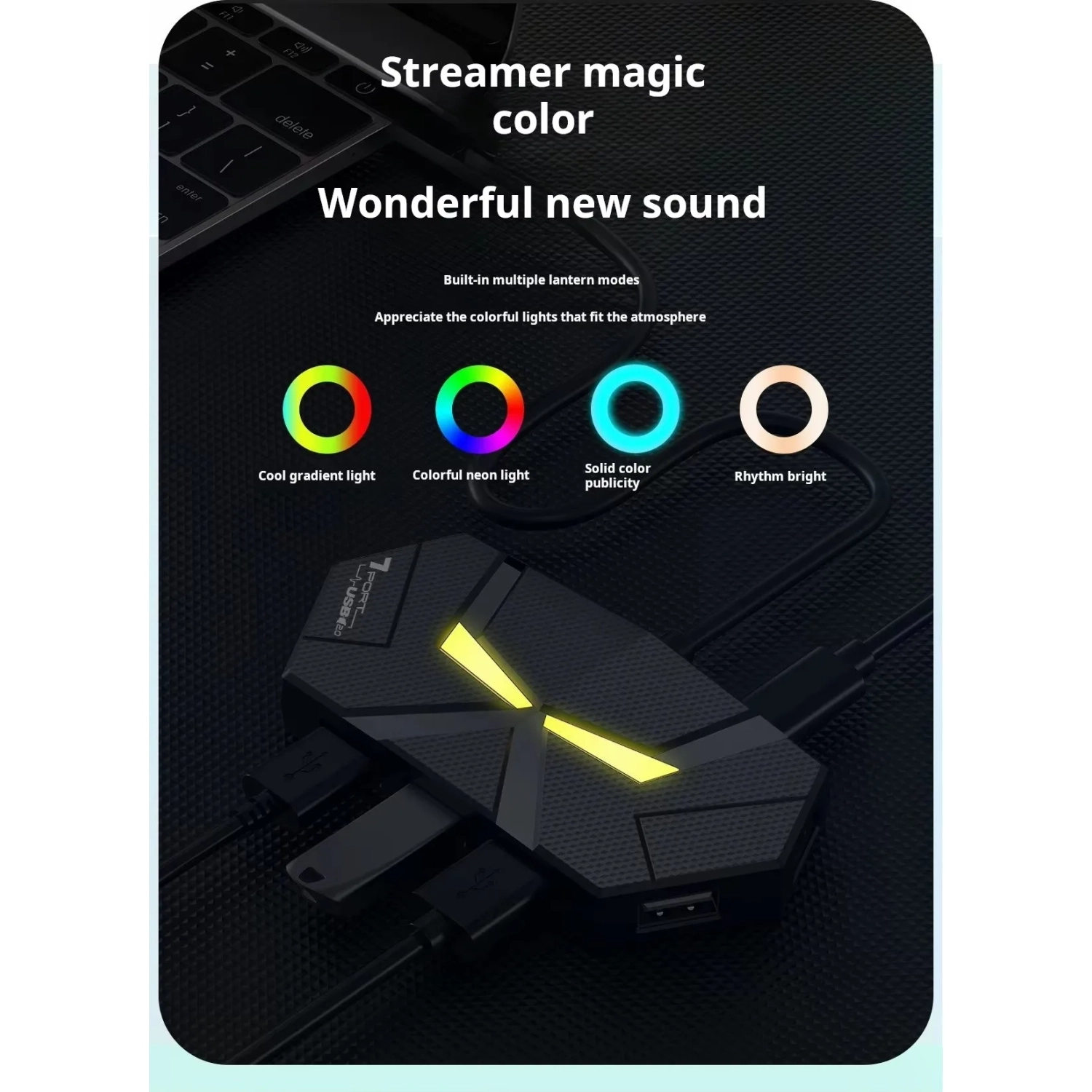 Répartiteur de lumière d'ambiance colorée pour étendre le transfert d'un à plusieurs portables avec le concentrateur SB-USB 2.0 7 ports 0,3&nbsp;m