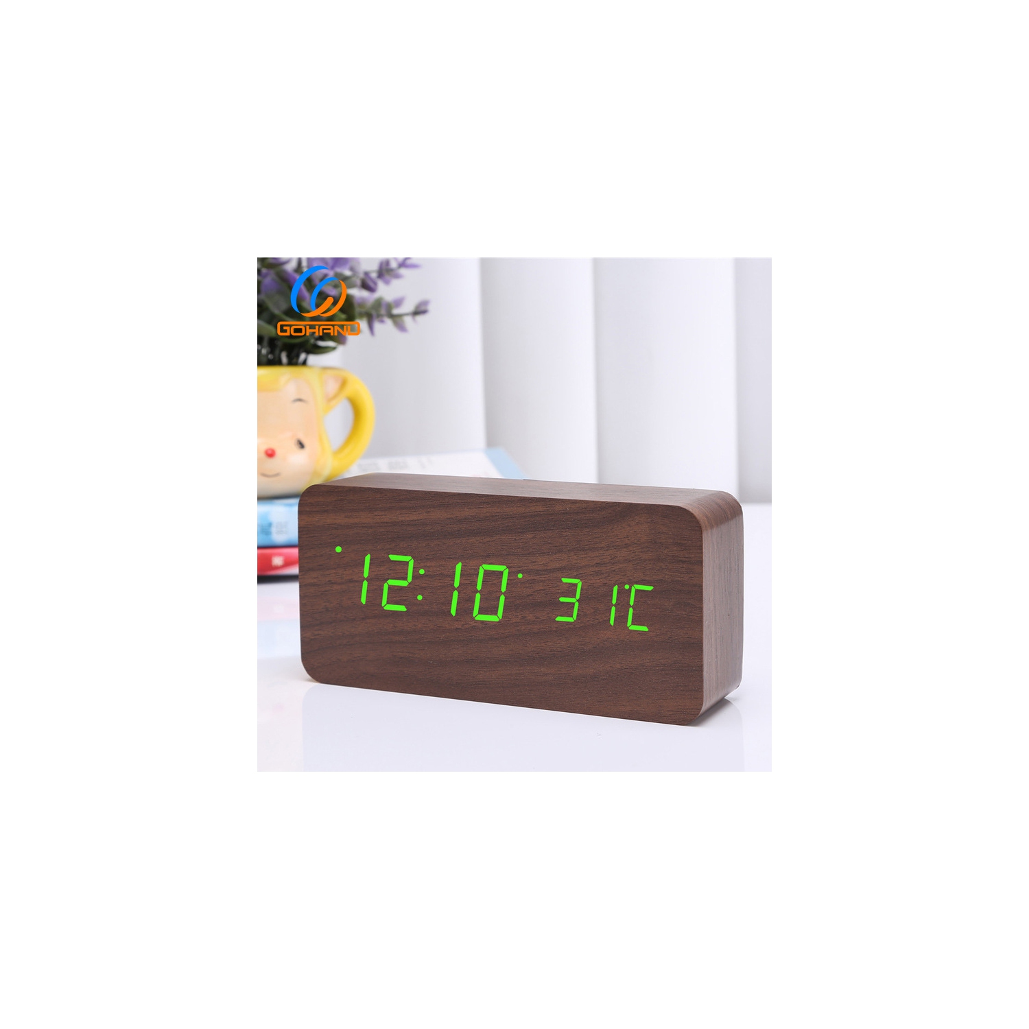 Horloge en bois silencieuse rechargeable, réveil numérique en bois à trois alarmes, réveil LED multifonction avec affichage de l'heure, de la date et
