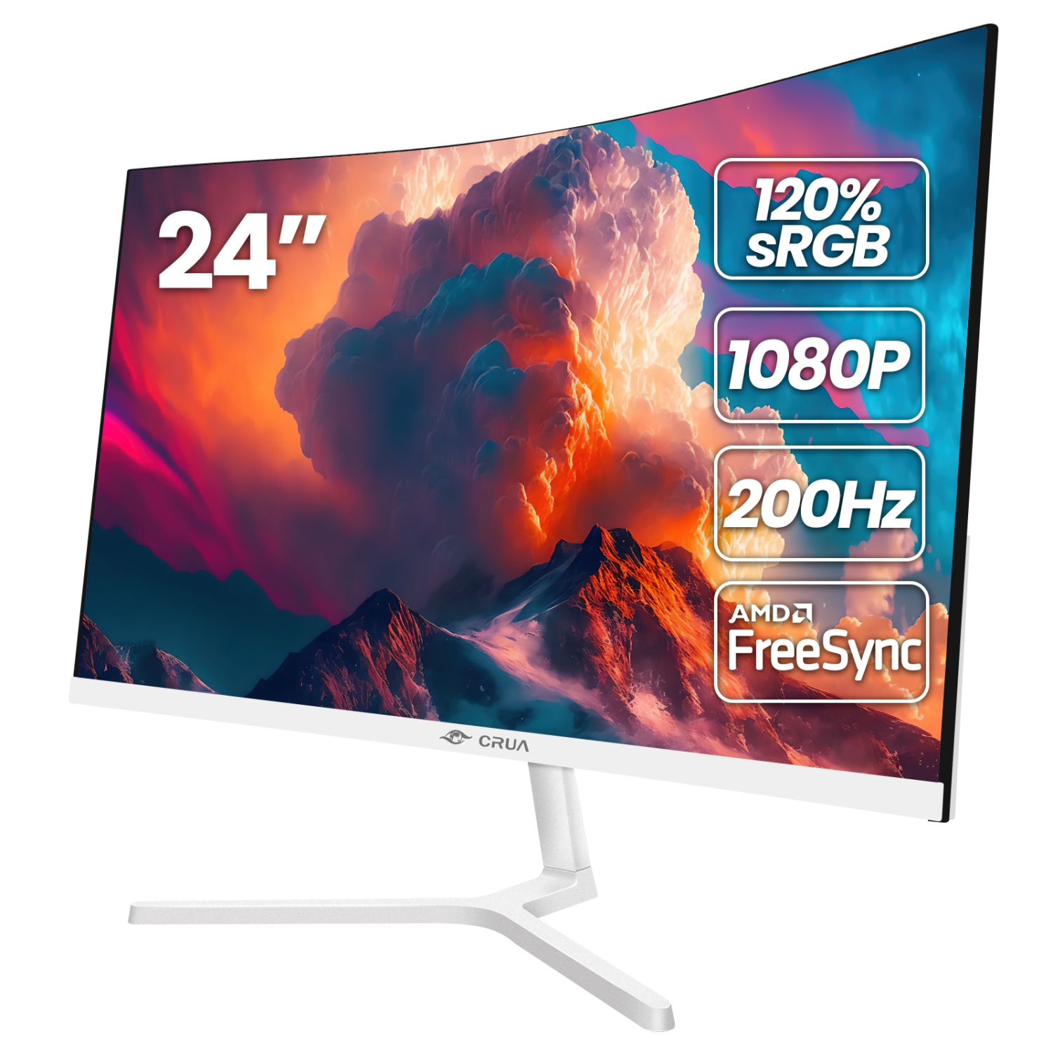 Moniteur de jeu incurvé 200 Hz 24 po CRUA - FHD 1080P, sRVB 120 %, FreeSync AMD, DisplayPort/HDMI, montage mural Blanc