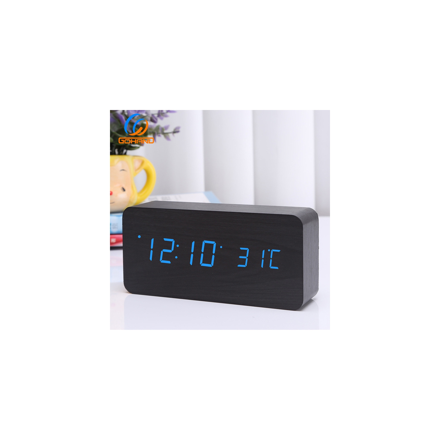 Horloge silencieuse rechargeable en bois, horloge numérique triple alarme en bois, alarme LED multifonction avec affichage de l'heure, de la date et
