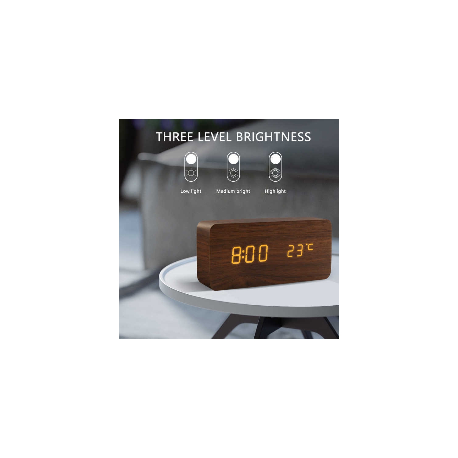 Horloge en bois silencieuse rechargeable, horloge numérique triple en bois, alarme LED multifonction avec affichage de l'heure, de la date et de la