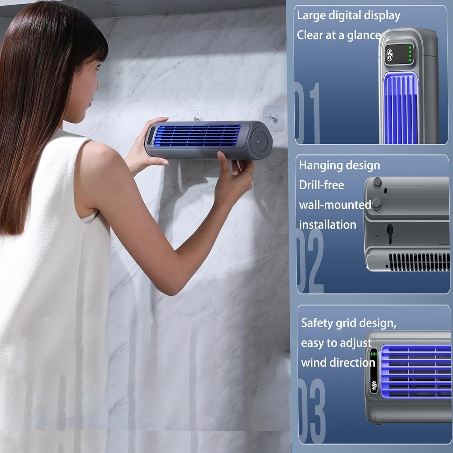 Wall-Mounted Silent Circulation Fan, Portable Tower Fan with Floor and Tabletop Stand for Bedroom, Office, Kitchen