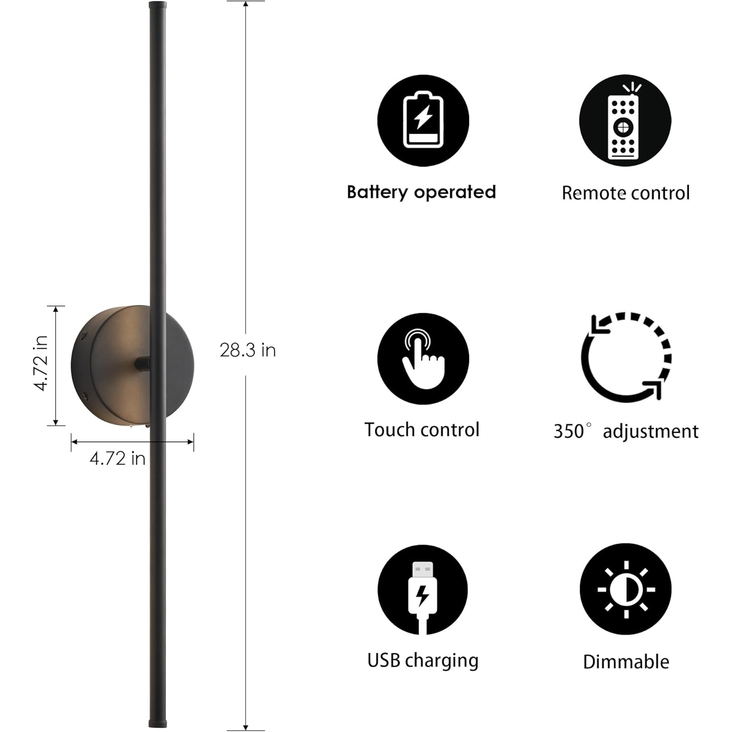 Paquet de 2 lumières murales rechargeables intérieures avec télécommande Lampe LED Applique à intensité réglable Rotation à 350° 72&nbsp;cm Vallonge
