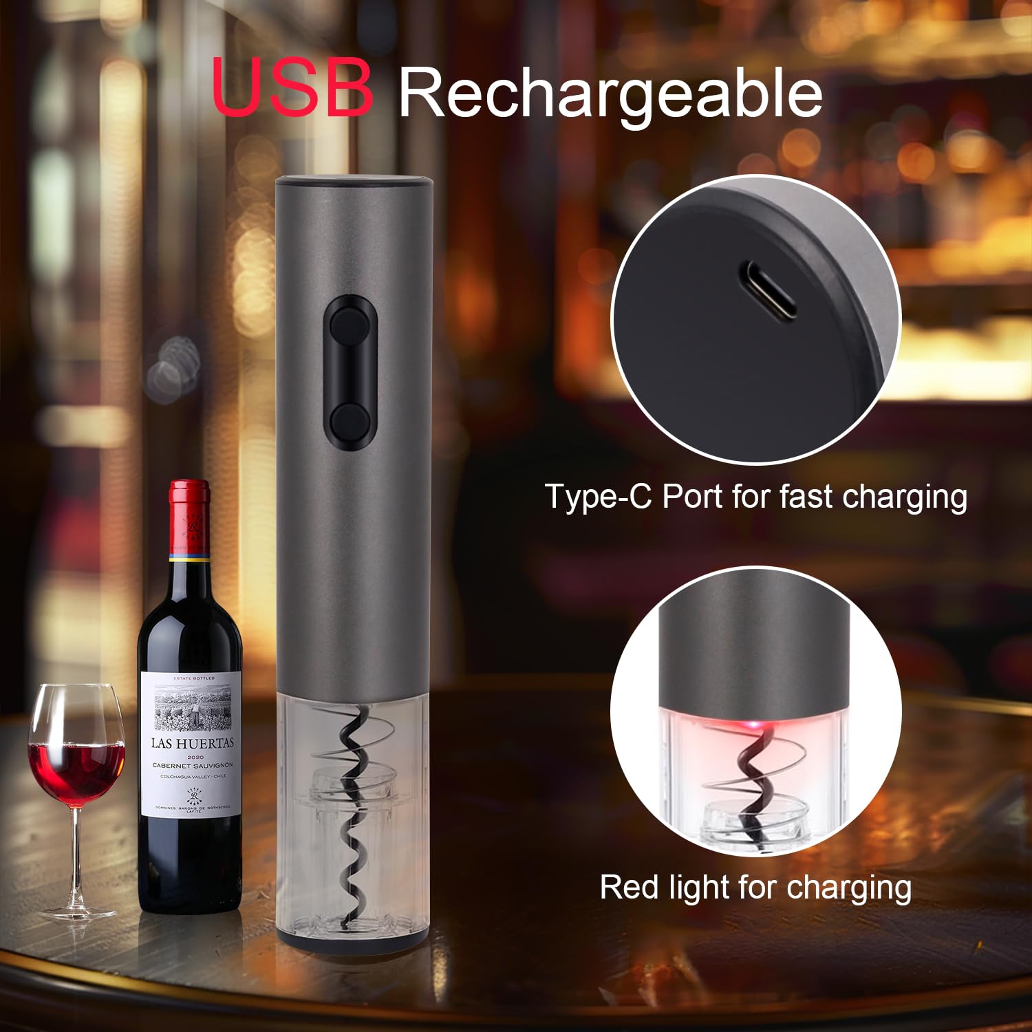 Electric Wine Bottle Opener, Rechargeable Automatic Opener with Tinfoil Cutter for Family Gatherings