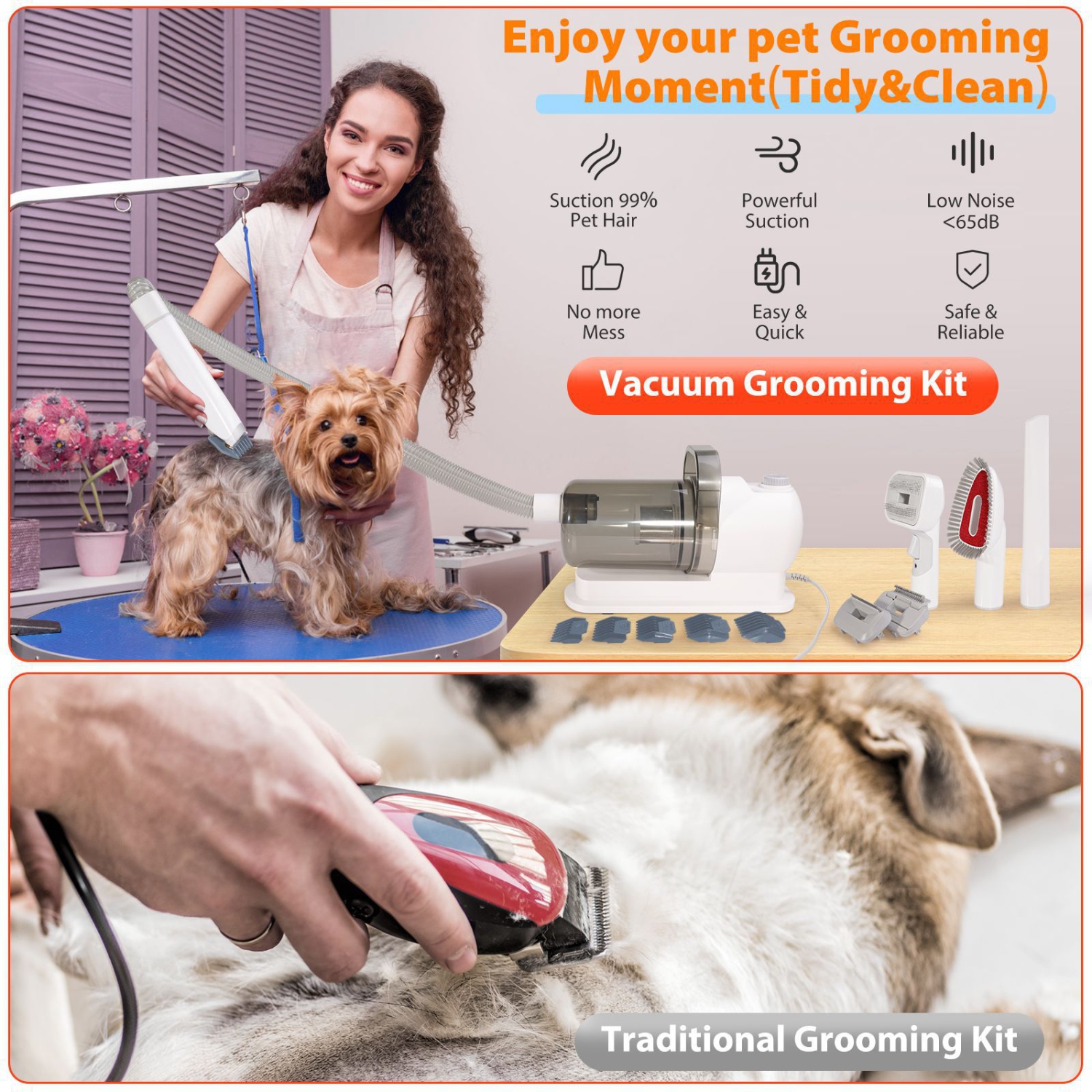 Dog Hair Vacuum & Grooming Kit, 2L Large Capacity for Shedding Grooming Hair, Grooming Kit Including 12 Tools for Dog Dogs Cats and Other Animals