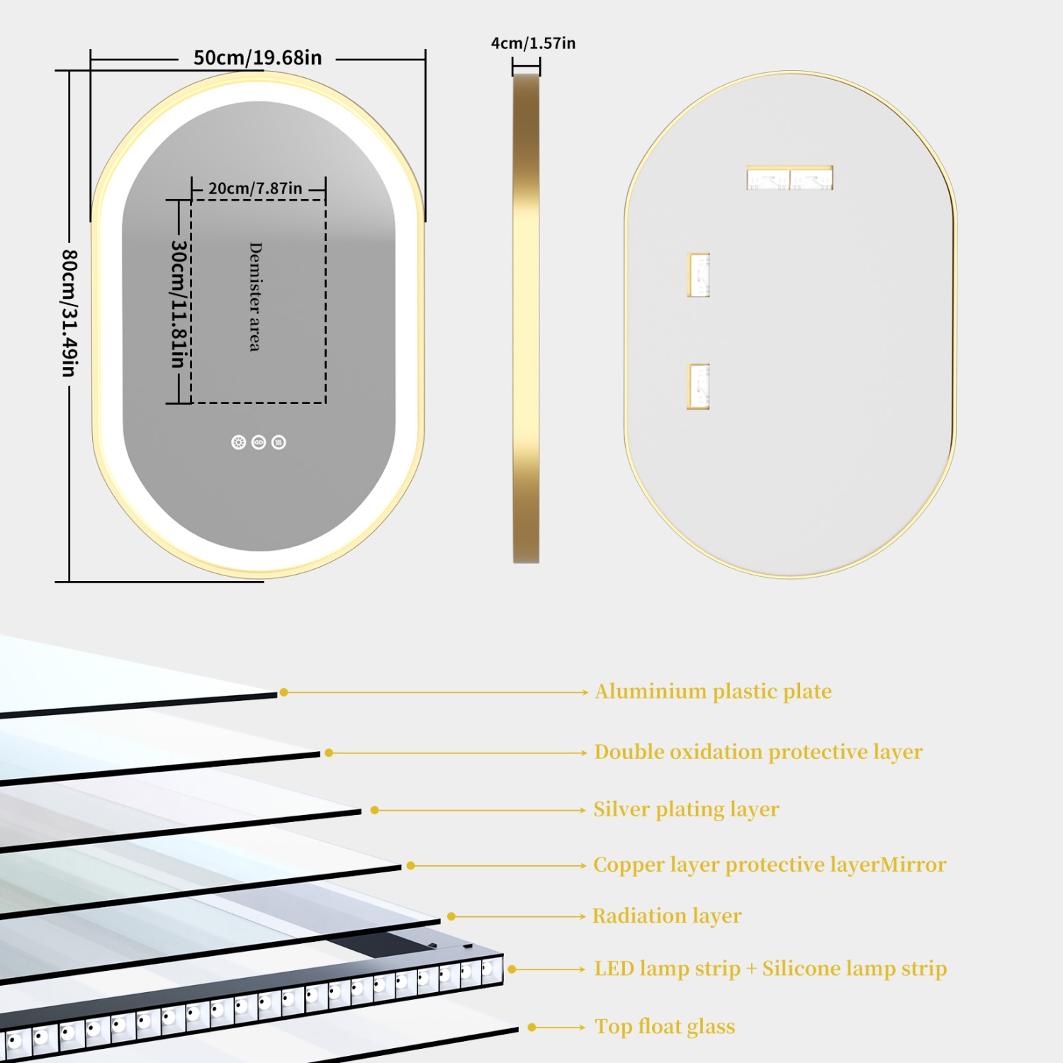 LUVODI Oval LED Bathroom Mirror 20"x32" Lighted Wall Mounted Vanity Mirror with Gold Aluminum Frame, Anti-Fog Waterproof Smart Mirror, Stepless