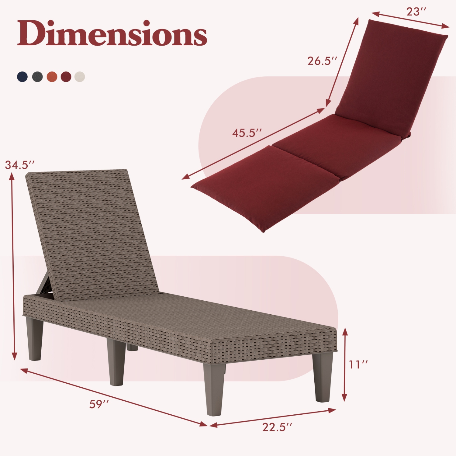 Gymax 2PCS Patio Lounge Chair Recliner Chair w/ 3-Position Adjustable Backrest & Cushion Brown & Red