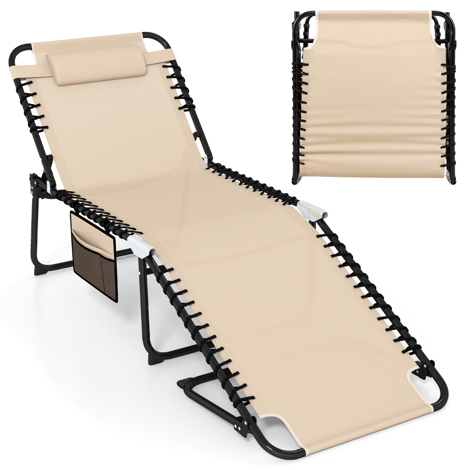 Gymax Oversize Folding Chaise Lounge w/ Adjustable Backrest Detachable Pillow Pocket