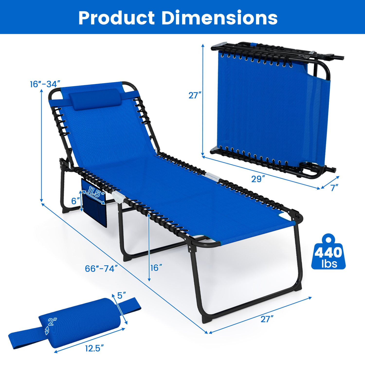 Gymax Oversize Folding Chaise Lounge w/ Adjustable Backrest Detachable Pillow Pocket