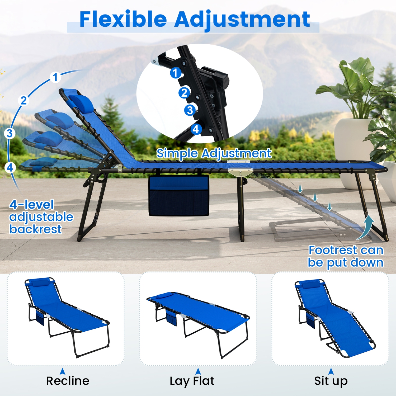 Gymax Oversize Folding Chaise Lounge w/ Adjustable Backrest Detachable Pillow Pocket