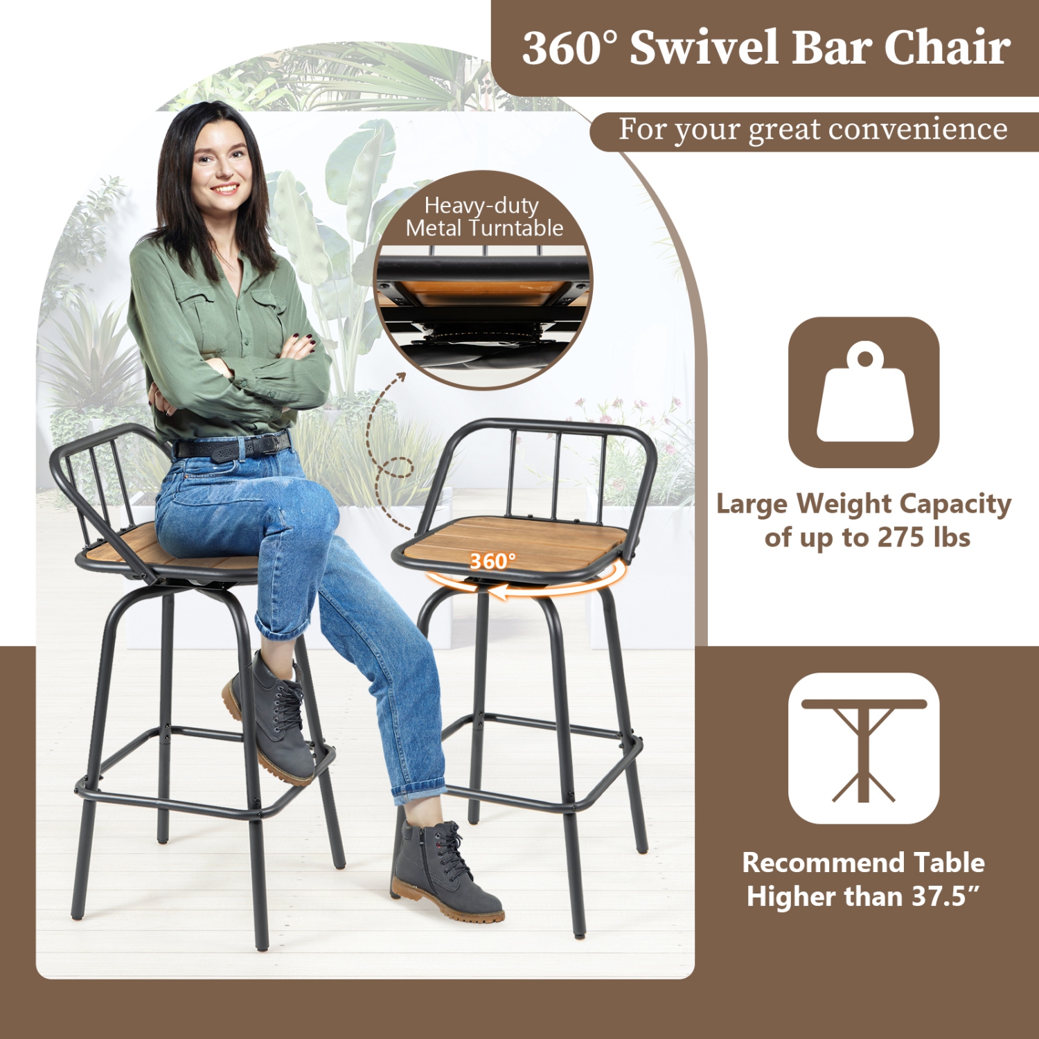 Gymax 27.5'' Heavy-duty Metal Frame Bar Height Chairs w/ Footrest & Backrest for Patio