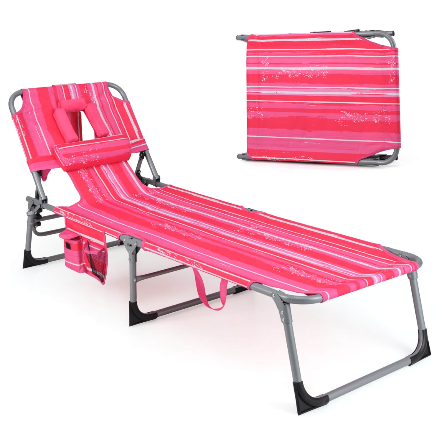 Gymax Patio Beach Lounge Chair Folding Chaise Lounge w/ Pillow Hot Pink