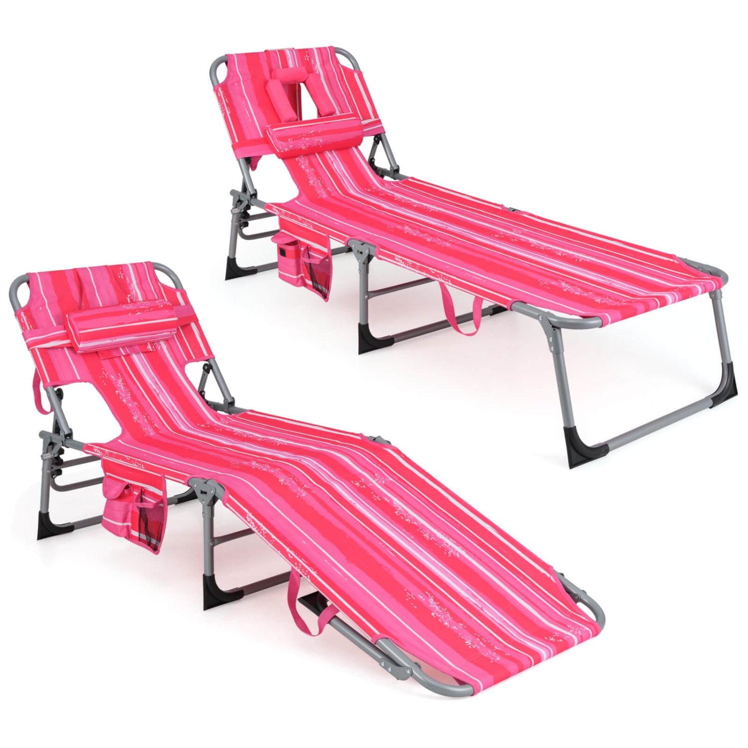 Gymax Set of 2 Patio Beach Lounge Chair Folding Chaise Lounge w/ Pillow Hot Pink