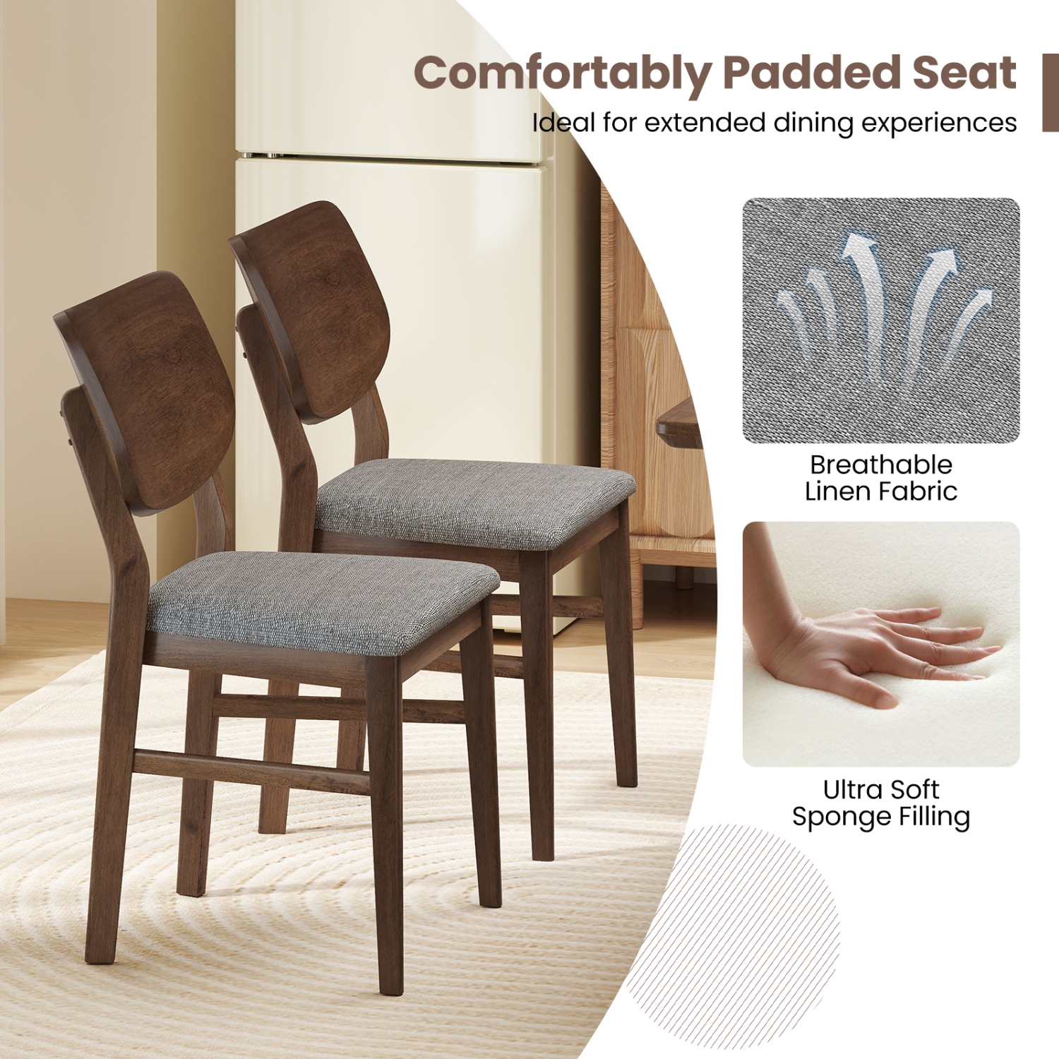 Gymax Dining Chairs Set of 2 w/ Rubber Wood Frame Padded Seat Curved Back Living Room