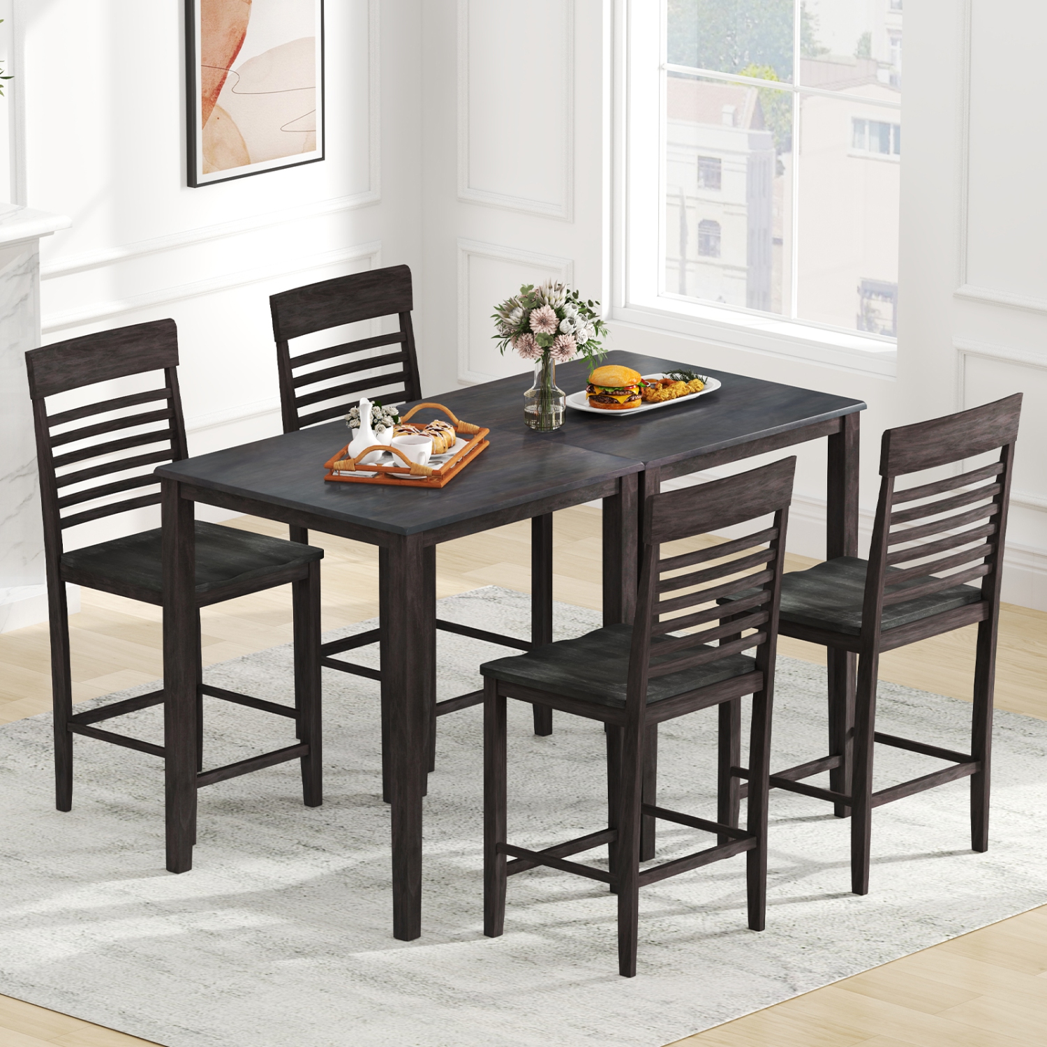 Gymax 5 PCS Counter-Height Dining Table Set for 4 Square Kitchen Table & 4 Bar Chairs