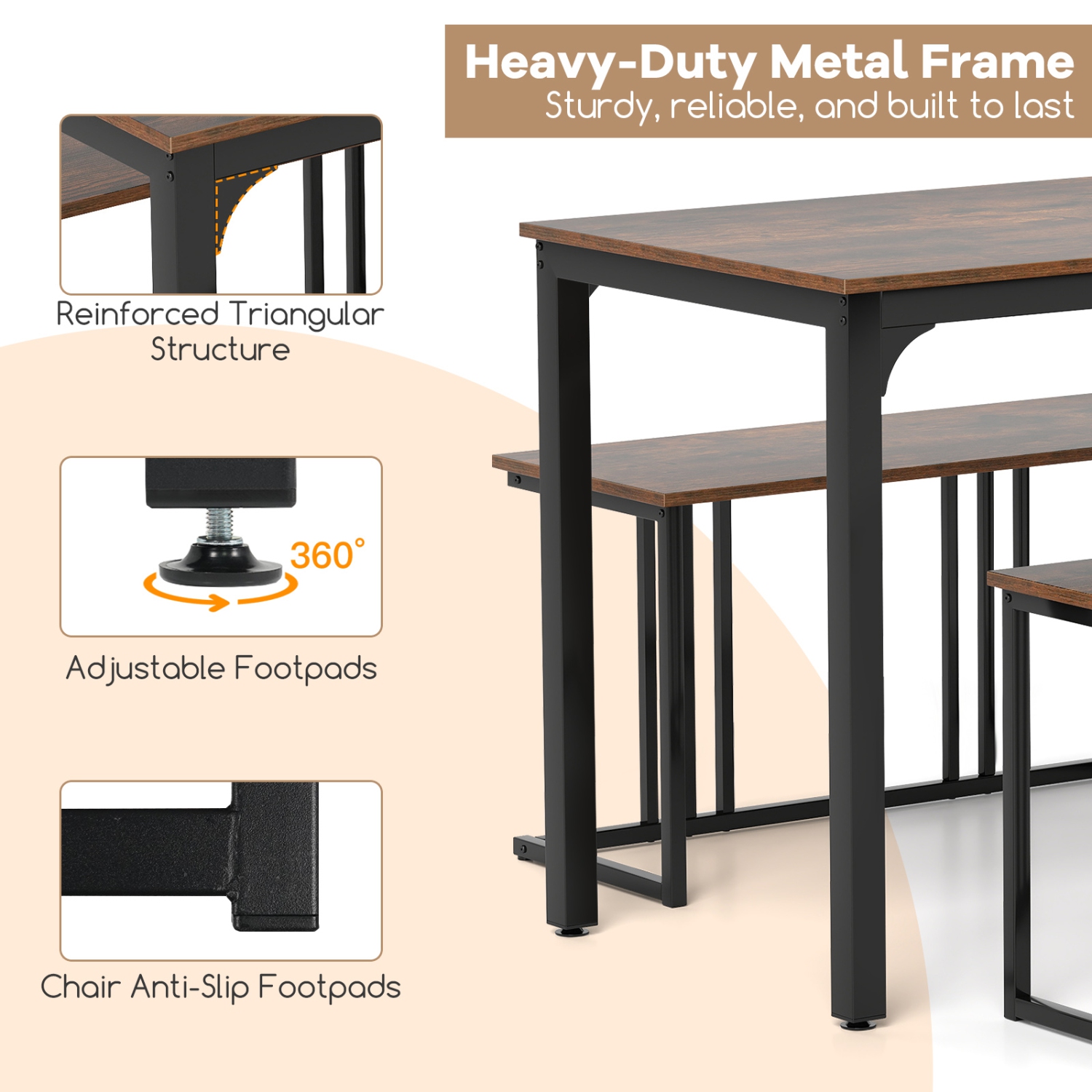 Gymax 4-Piece Dining Table Set Industrial Kitchen Table Set w/ Bench & 2 Stools