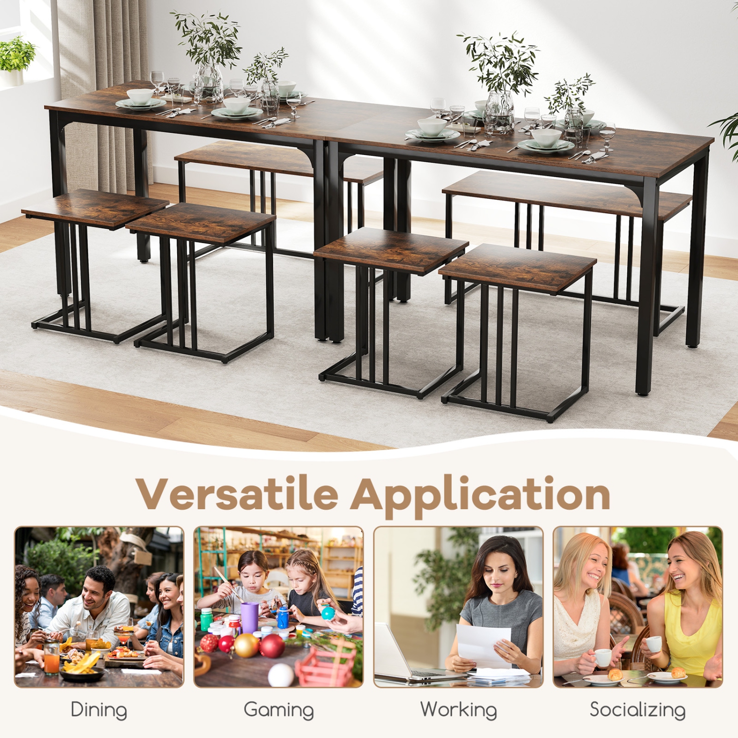 Gymax 4-Piece Dining Table Set Industrial Kitchen Table Set w/ Bench & 2 Stools