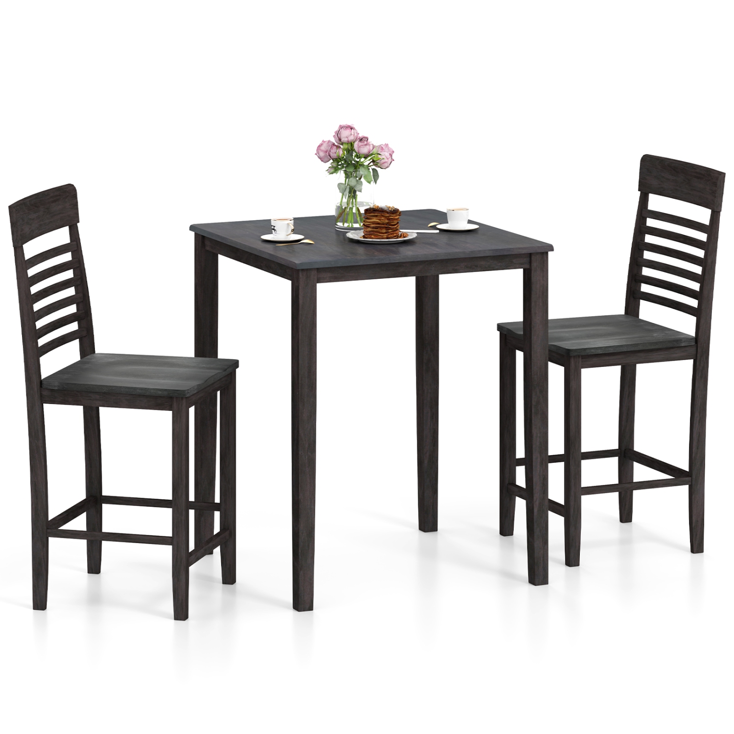 Gymax 3 PCS Counter-Height Dining Table Set for 2 Square Kitchen Table & 2 Bar Chairs