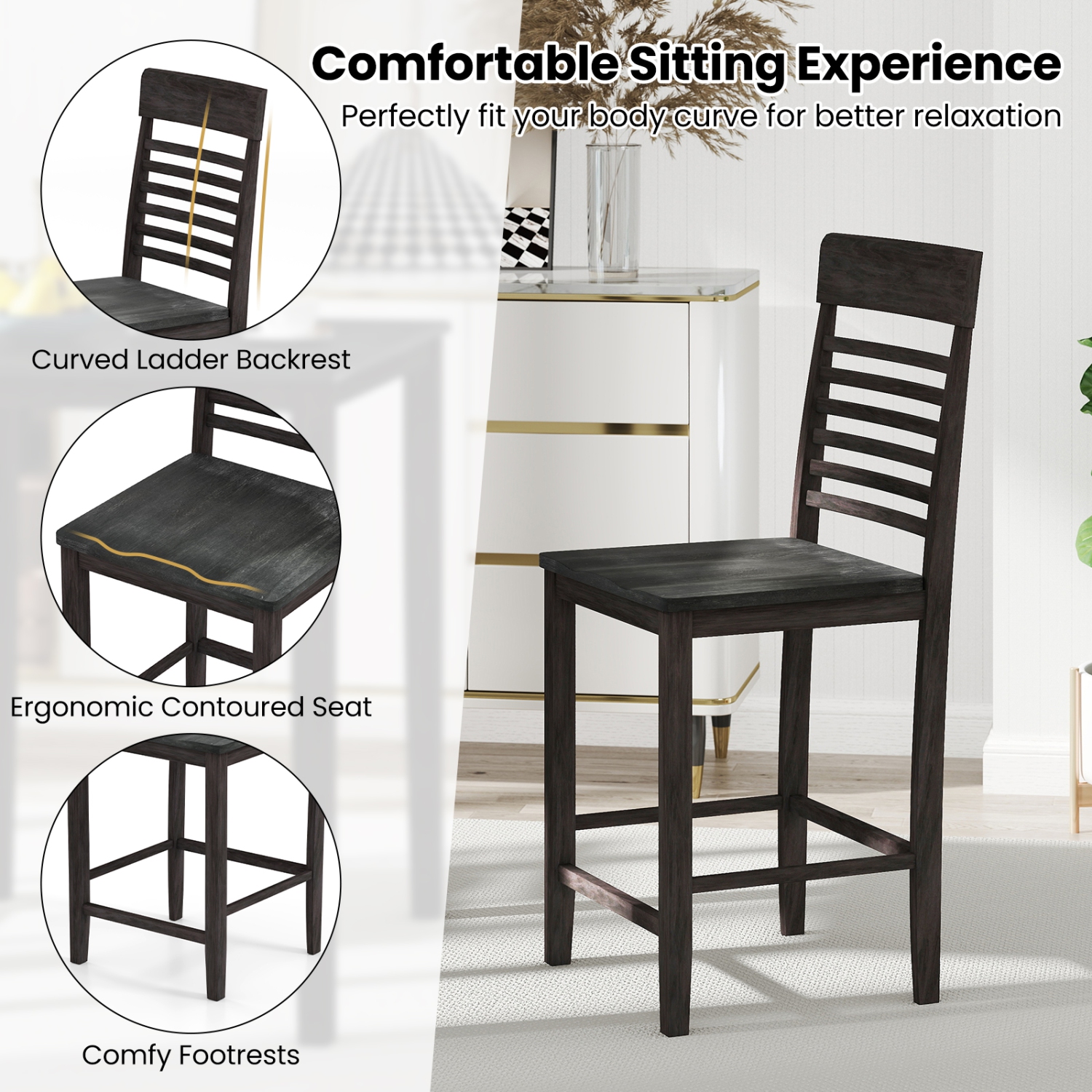 Gymax 3 PCS Counter-Height Dining Table Set for 2 Square Kitchen Table & 2 Bar Chairs