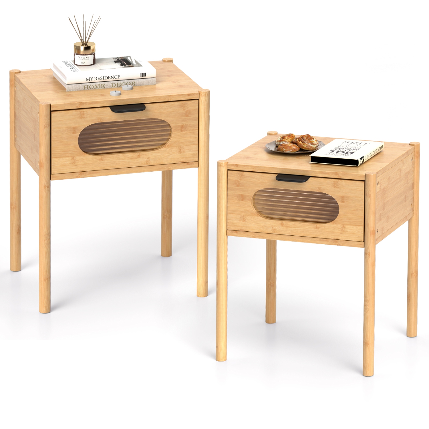 Gymax 2PCS Bamboo Nightstand Farmhouse Bedside Table w/ Tempered Glass Decorated Drawer