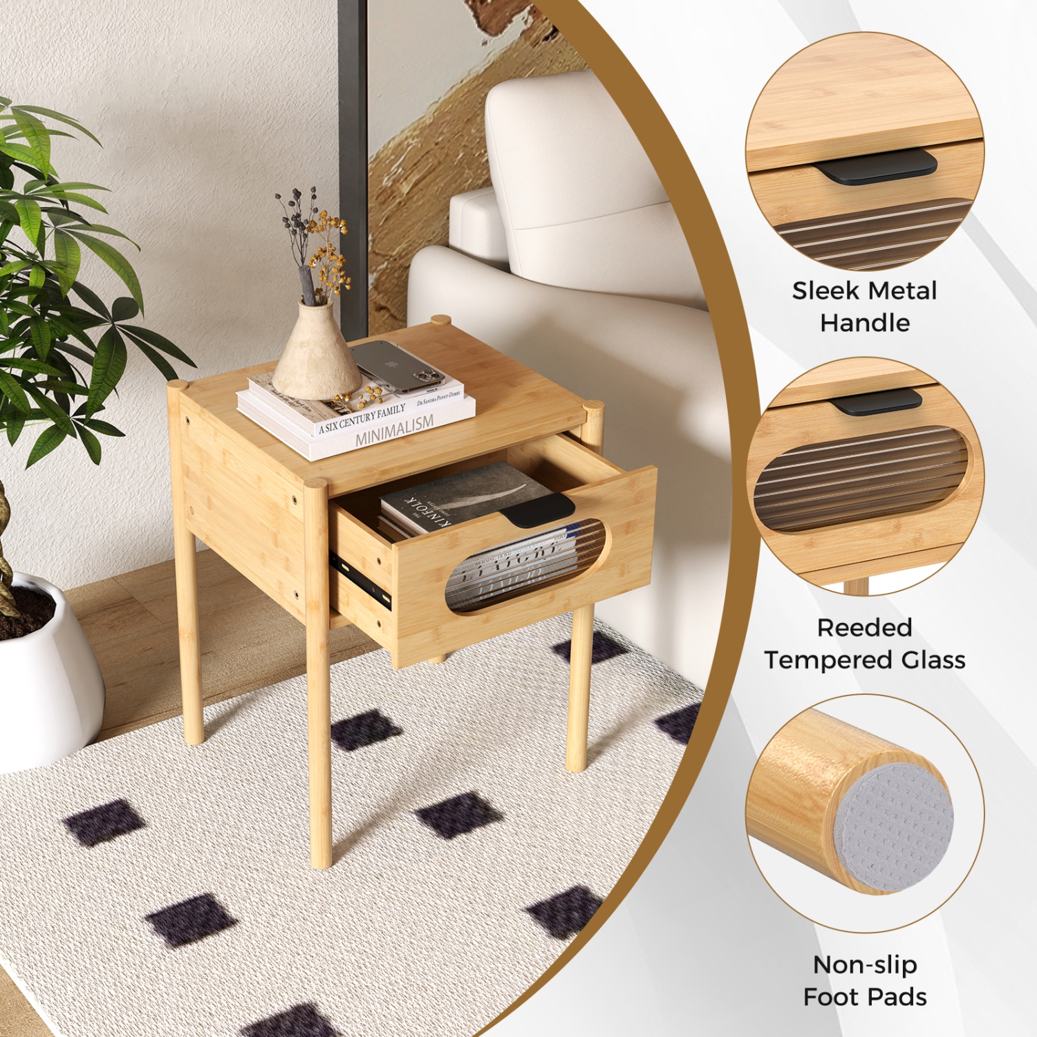 Gymax 2PCS Bamboo Nightstand Farmhouse Bedside Table w/ Tempered Glass Decorated Drawer