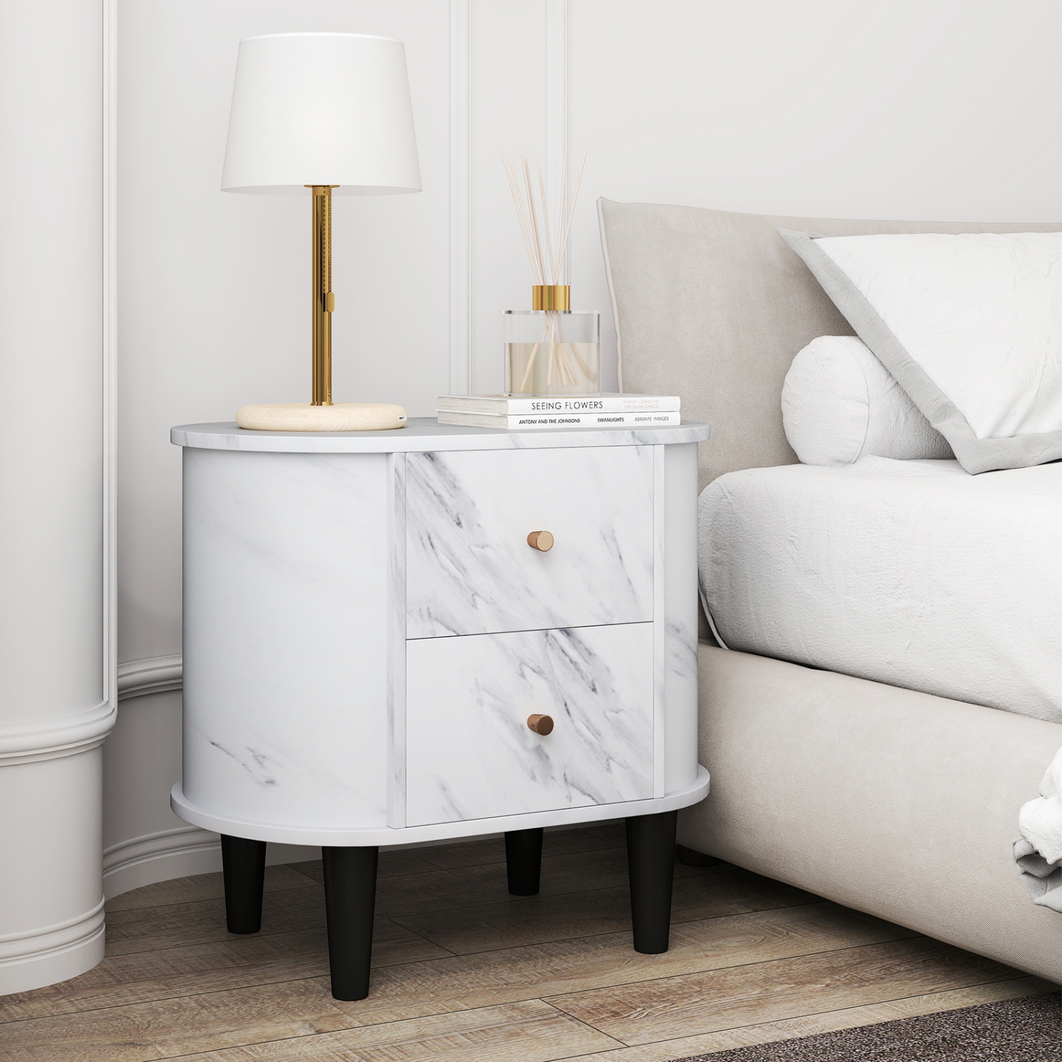 Gymax 2PCS Nightstand w/ 2 Drawers Faux Marble Bedside Table for Small Space