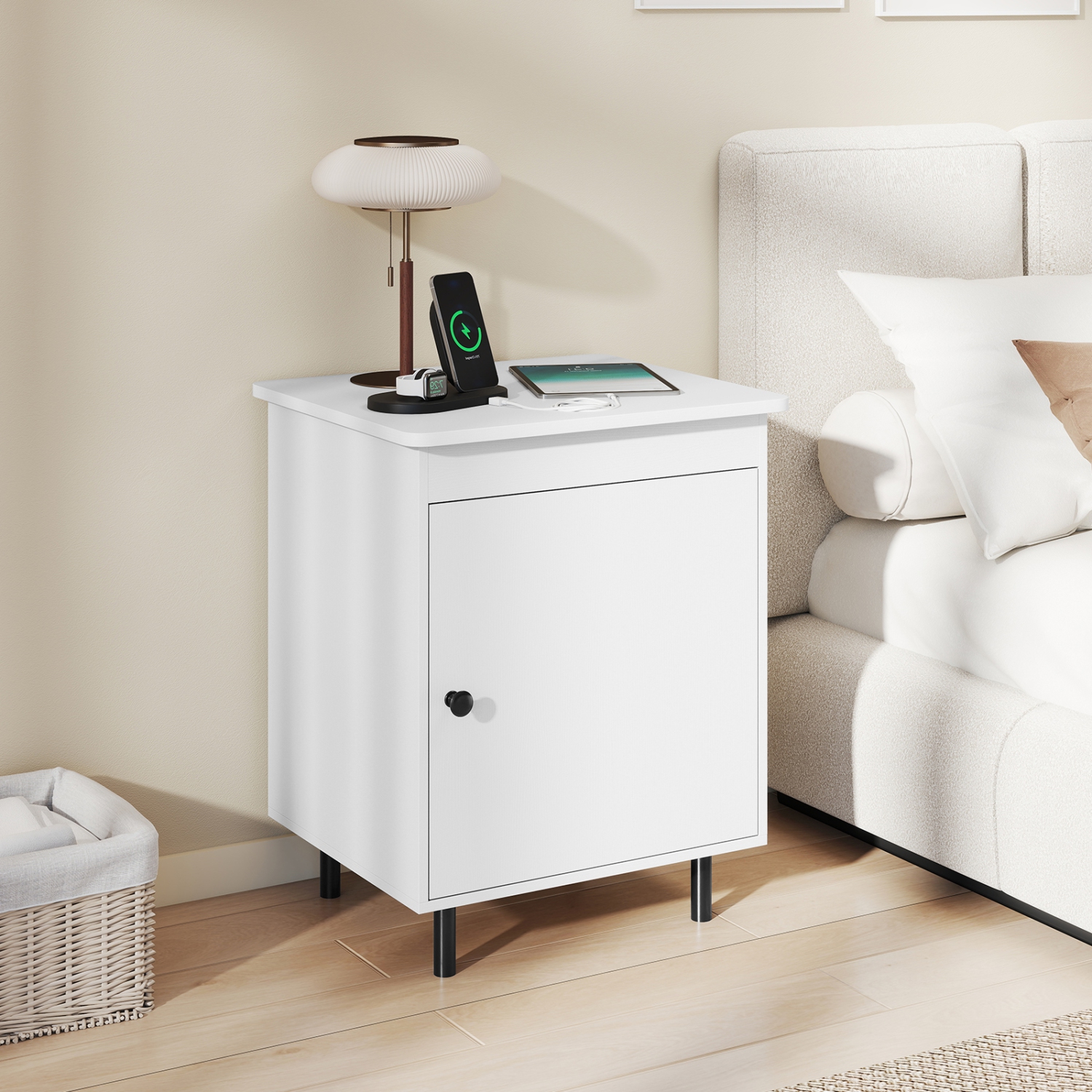 Gymax Nightstand Mid Century Modern End Table w/Door Heavy-Duty Metal Legs for Bedroom