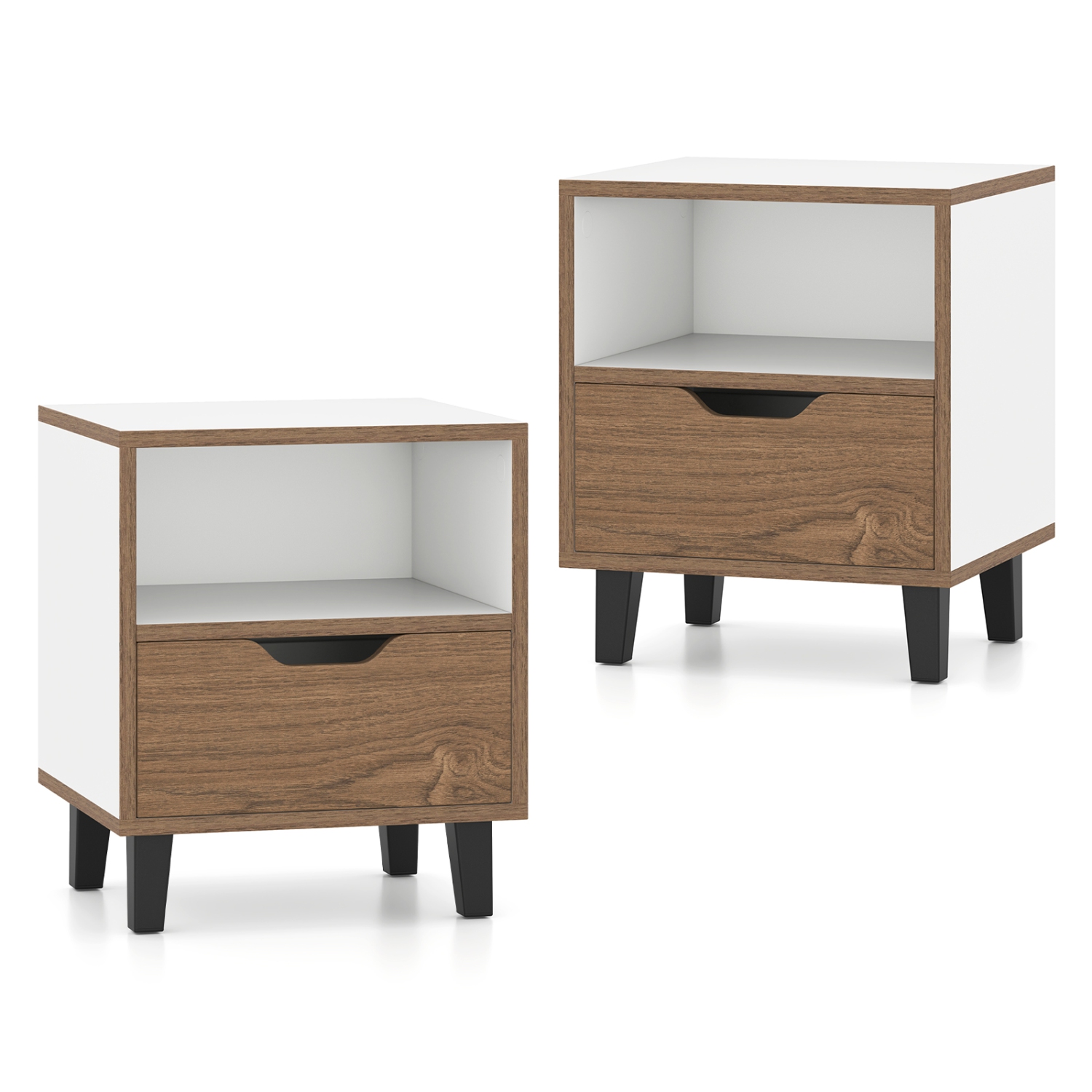 Gymax 2PCS Nightstand Mid Century Modern Bedside Table w/ Drawer Open storage Shelf