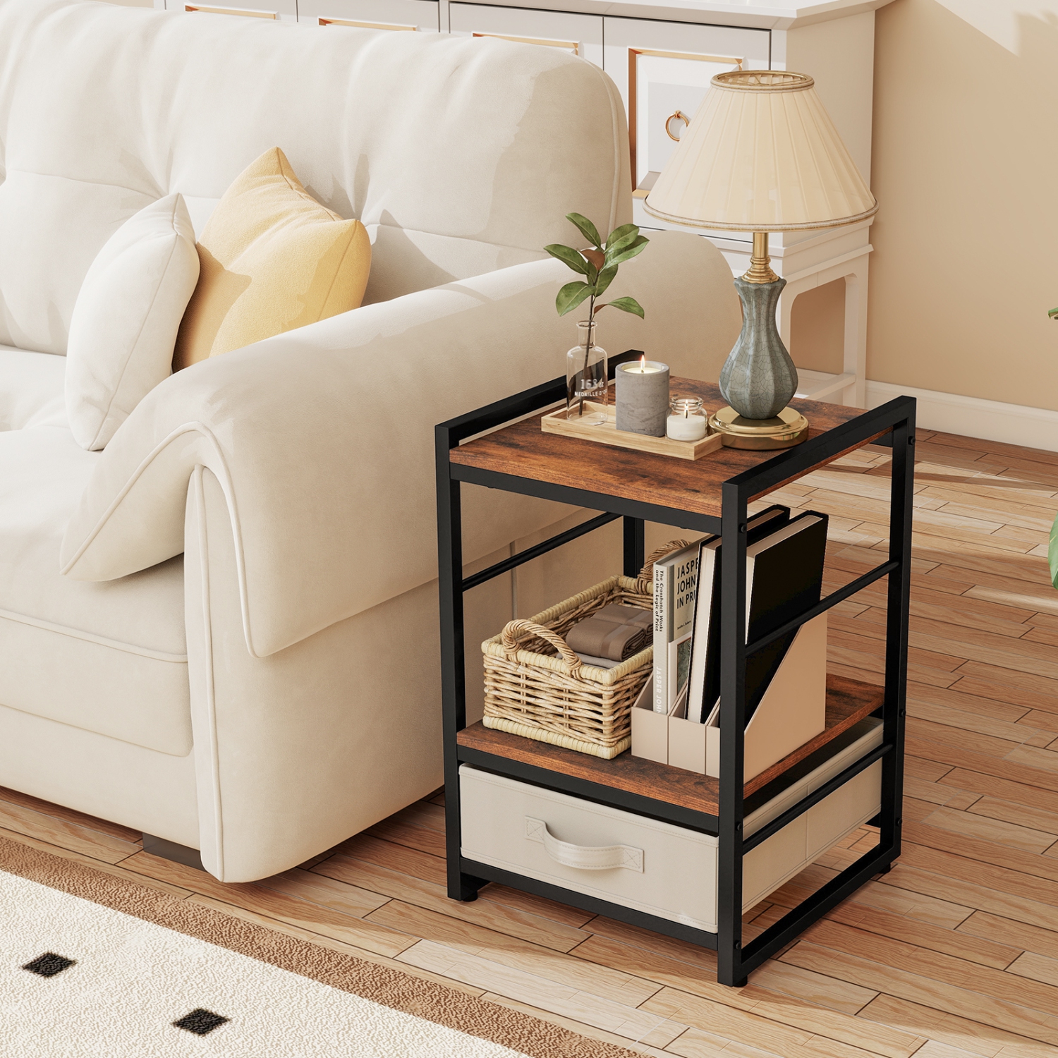 Gymax 2 PCS Nightstand Industrial Bedside Table w/ Open Storage Shelf & Fabric Drawer