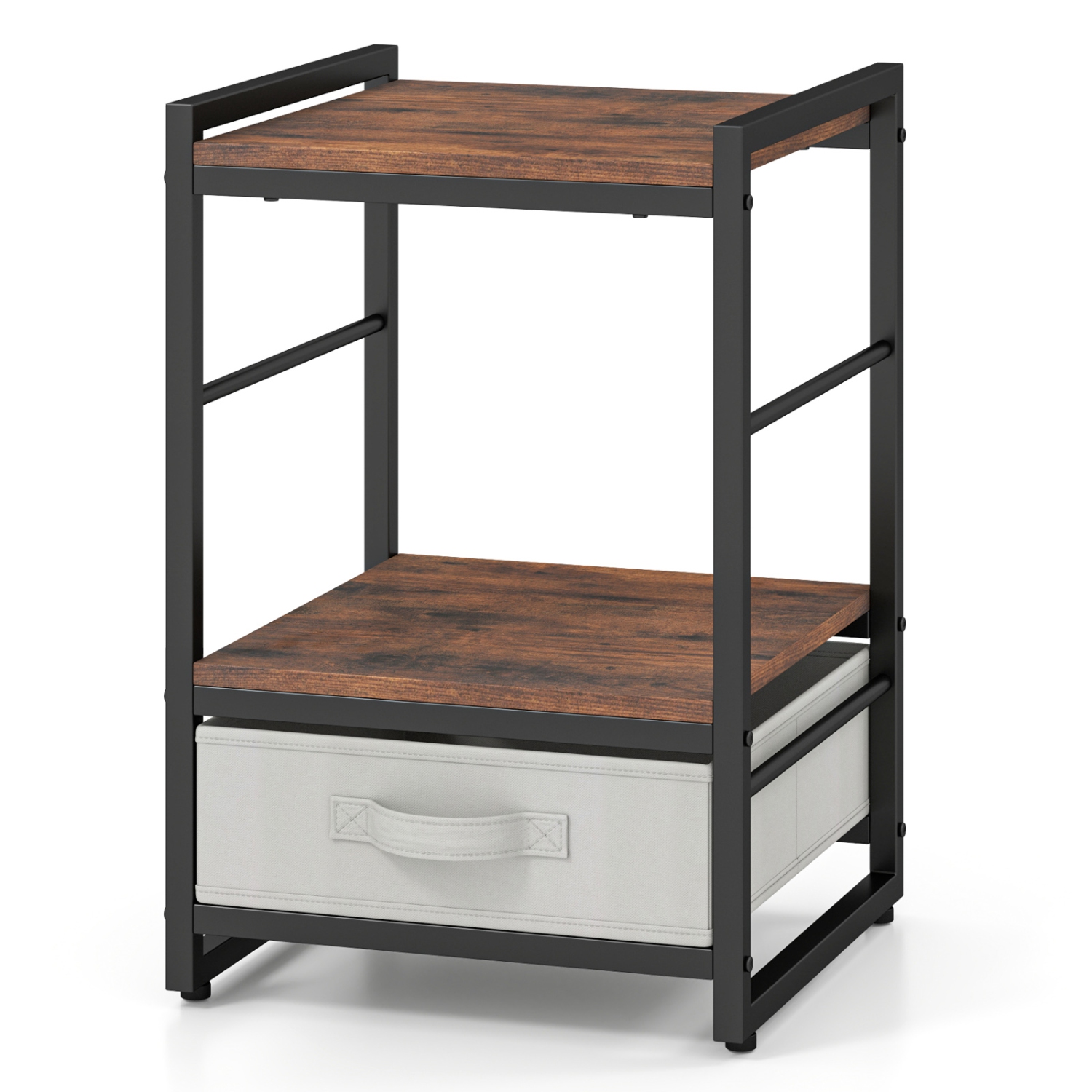 Gymax 2 PCS Nightstand Industrial Bedside Table w/ Open Storage Shelf & Fabric Drawer