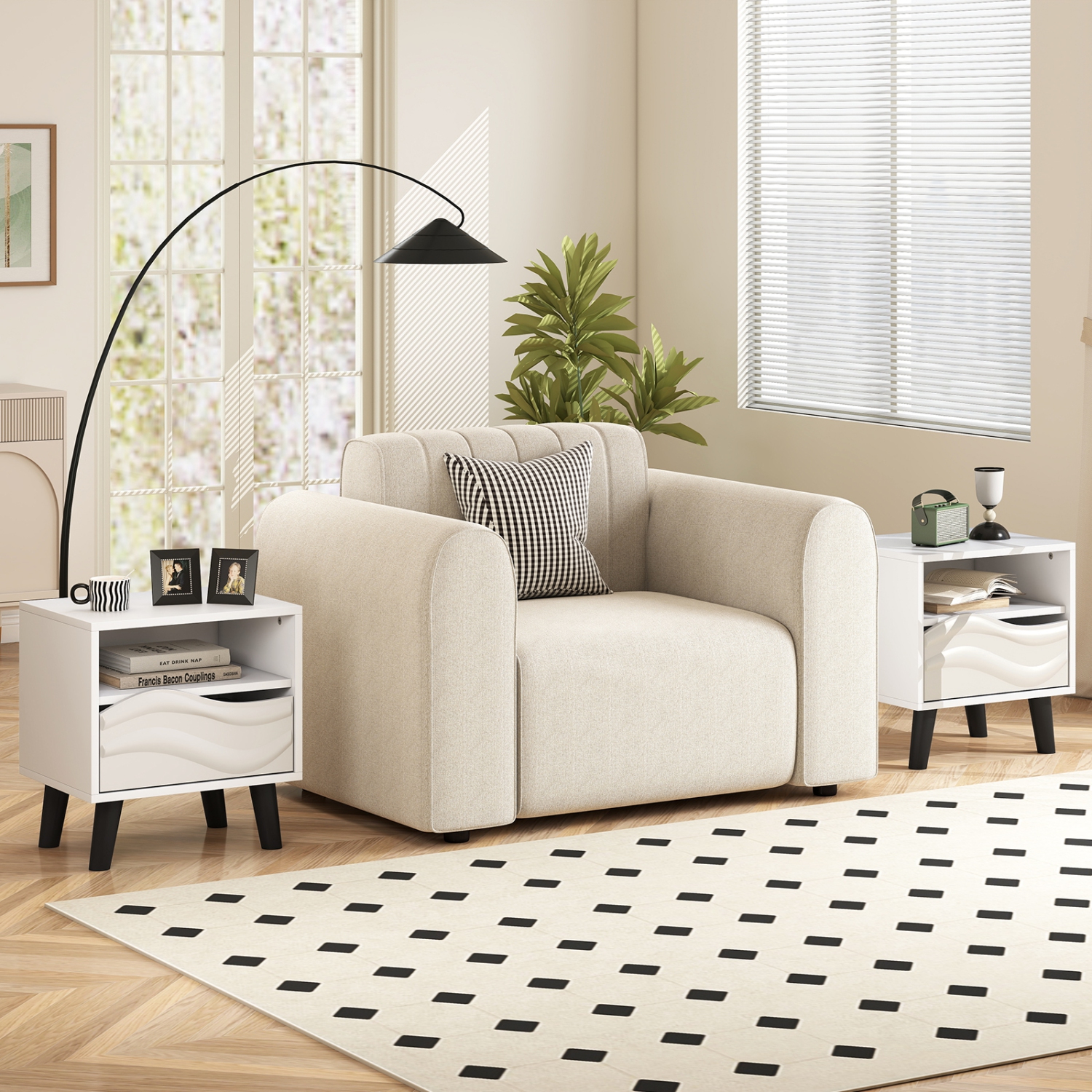 Gymax 2PCS Nightstand w/Drawer 3D Wavy Pattern Open Shelf Small Sofa Couch Side Table