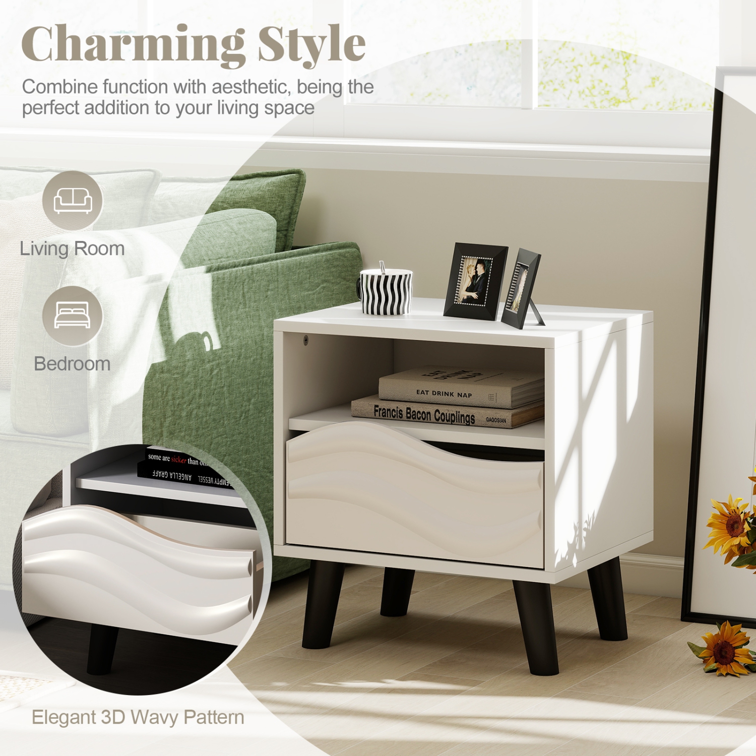 Gymax 2PCS Nightstand w/Drawer 3D Wavy Pattern Open Shelf Small Sofa Couch Side Table