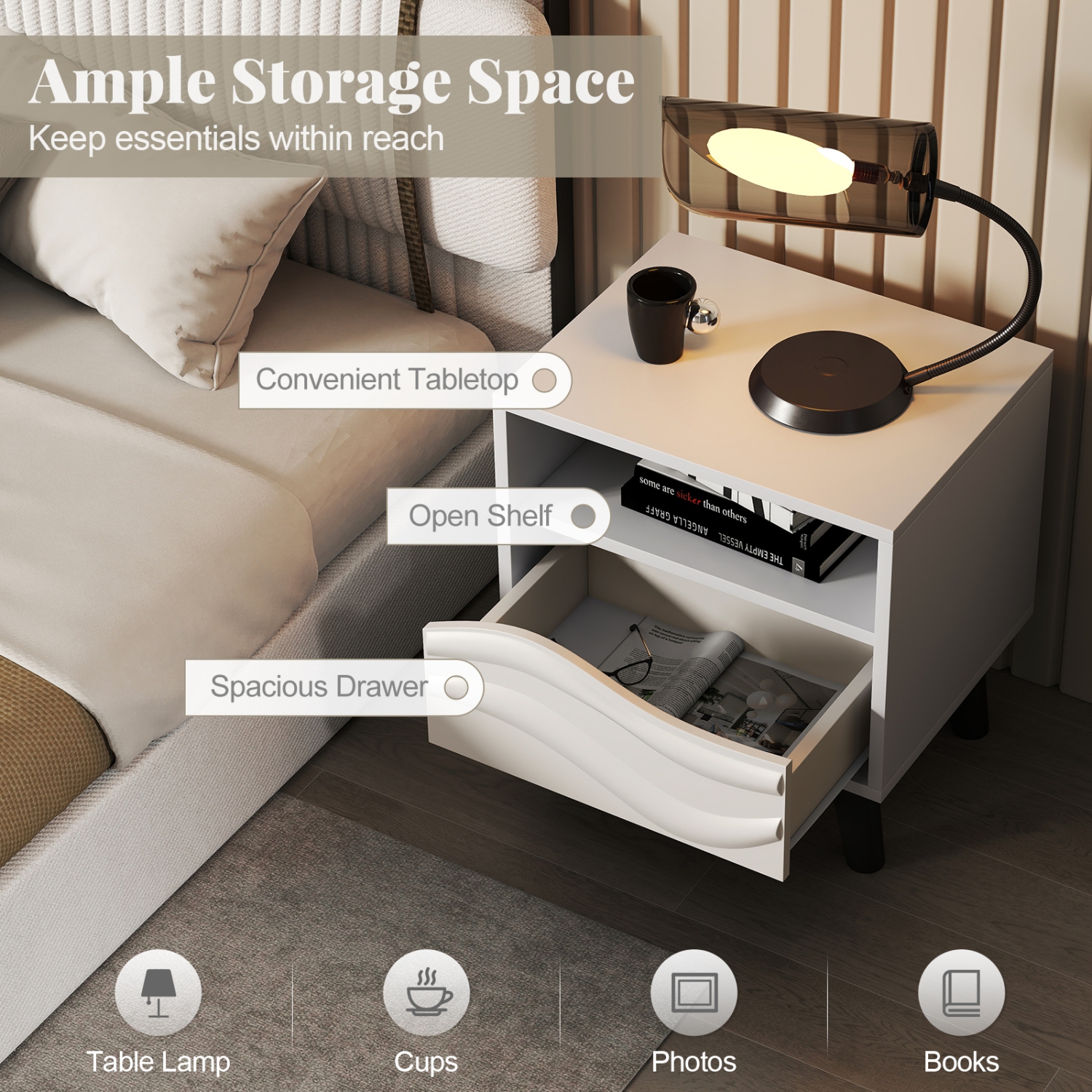 Gymax 2PCS Nightstand w/Drawer 3D Wavy Pattern Open Shelf Small Sofa Couch Side Table