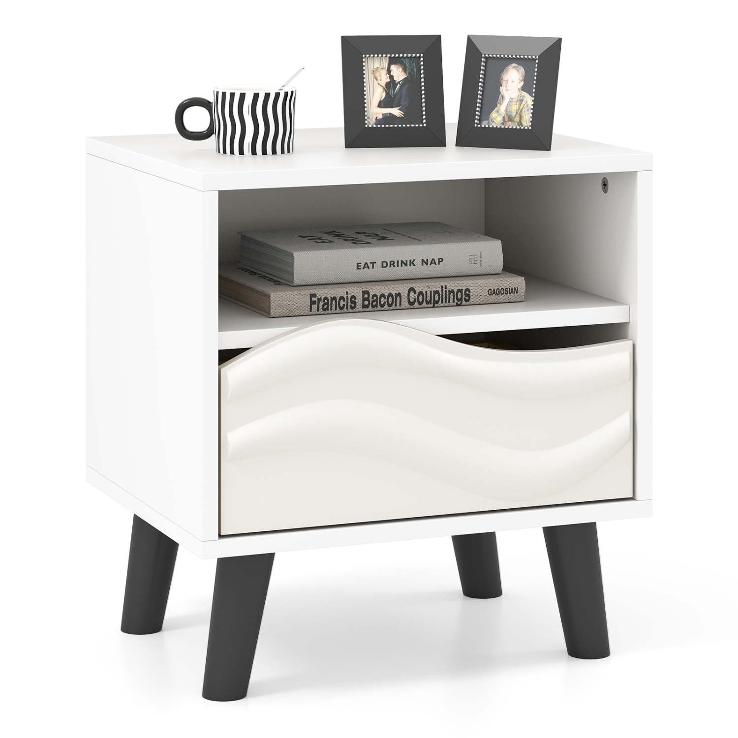 Gymax Nightstand w/ Drawer 3D Wavy Pattern & Open Shelf Small Sofa Couch Side Table