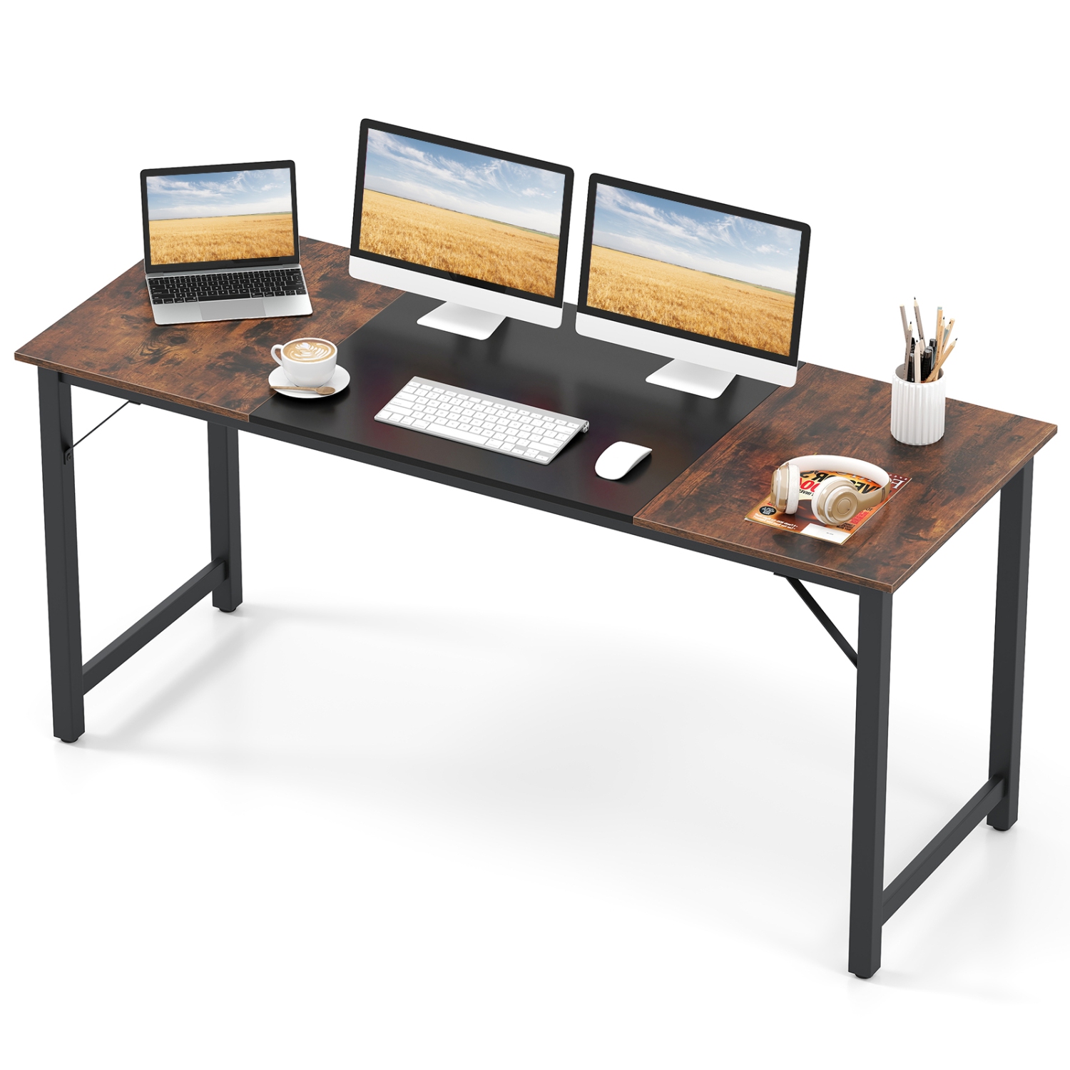 Gymax 2 PCS 63'' Computer Desk Modern Industrial Office Desk w/ Metal Frame & Large Executive Desk