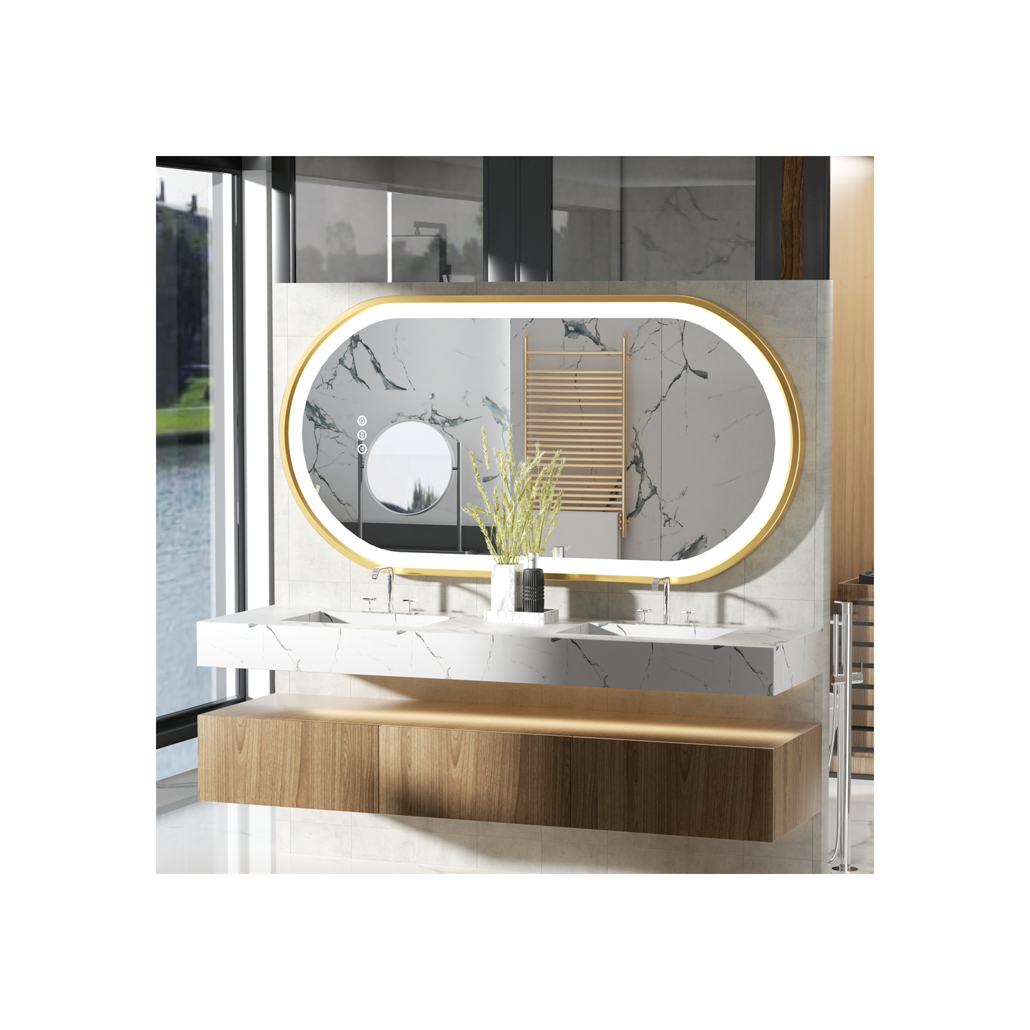 LUVODI Oval LED Bathroom Mirror 24"x48" Lighted Wall Mounted Vanity Mirror with Gold Aluminum Frame, Anti-Fog Waterproof Smart Mirror, Stepless