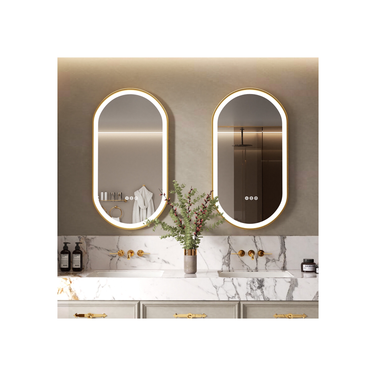 LUVODI Oval LED Bathroom Mirror 20"x40" Lighted Wall Mounted Vanity Mirror with Gold Aluminum Frame, Anti-Fog Waterproof Smart Mirror, Stepless