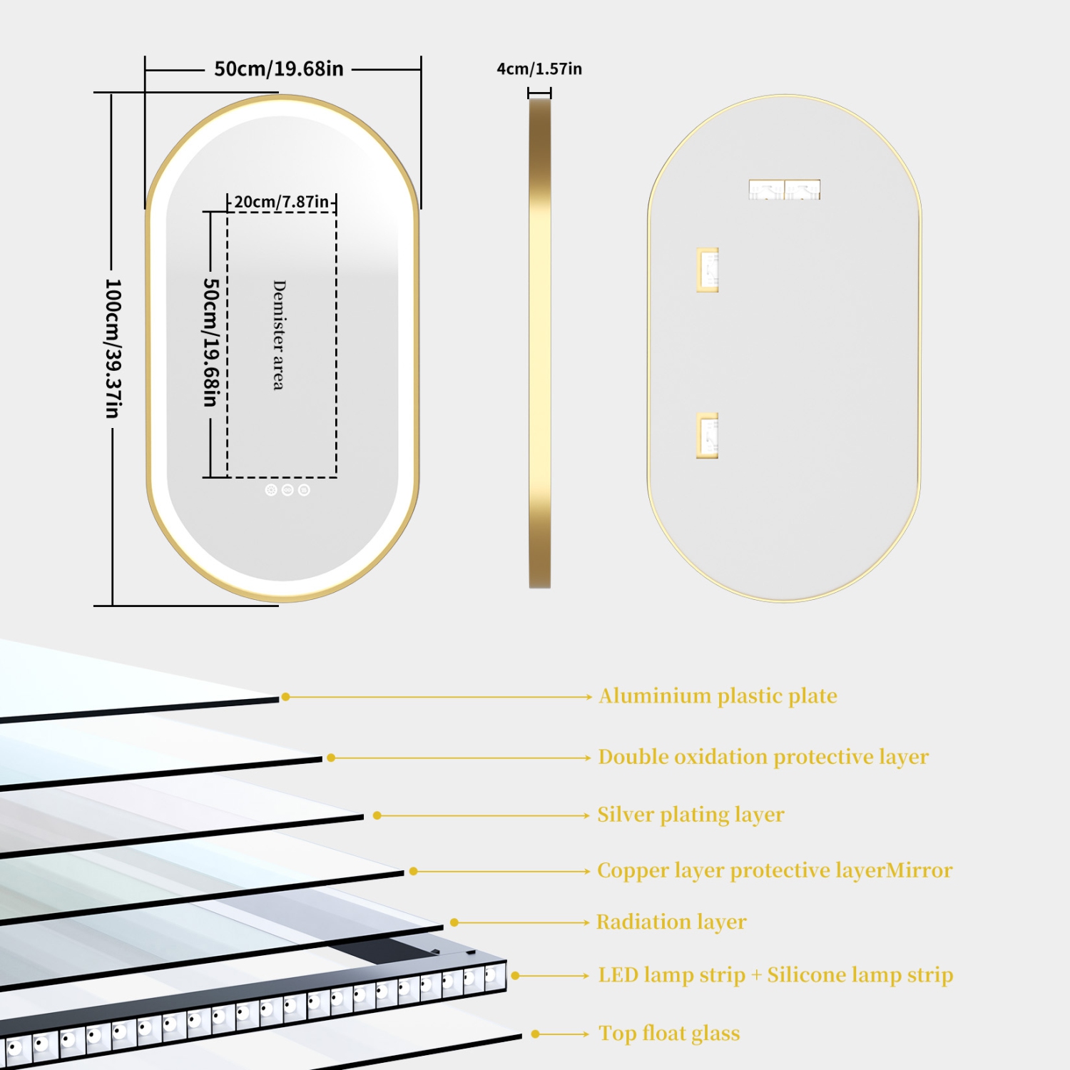 LUVODI Oval LED Bathroom Mirror 20"x40" Lighted Wall Mounted Vanity Mirror with Gold Aluminum Frame, Anti-Fog Waterproof Smart Mirror, Stepless