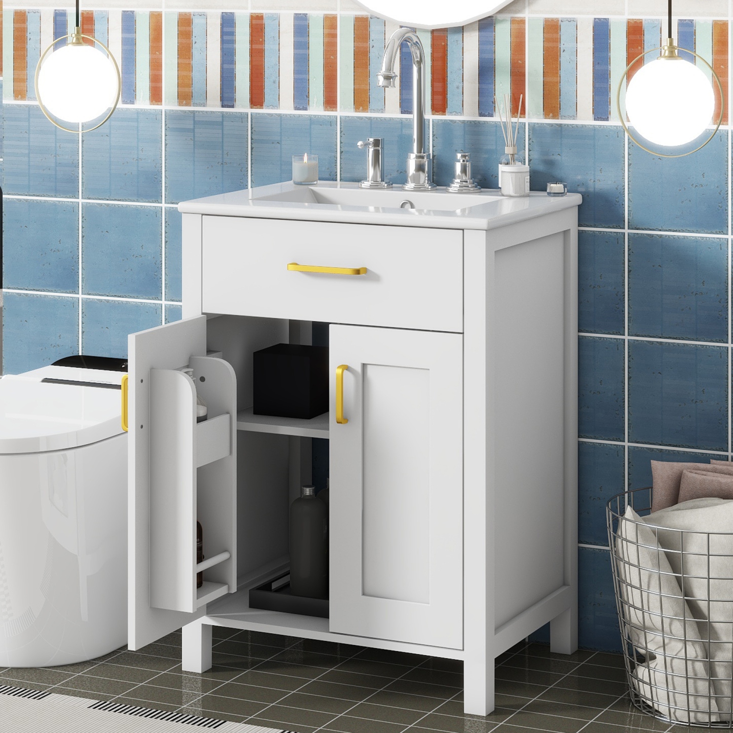 Meuble-lavabo de 24&nbsp;po avec évier en céramique et 2 portes à fermeture amortie