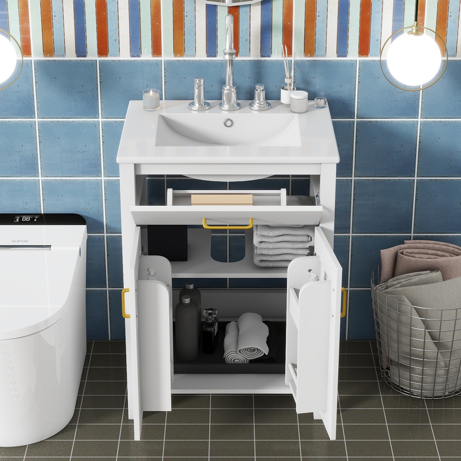 Meuble-lavabo de 24&nbsp;po avec évier en céramique et 2 portes à fermeture amortie