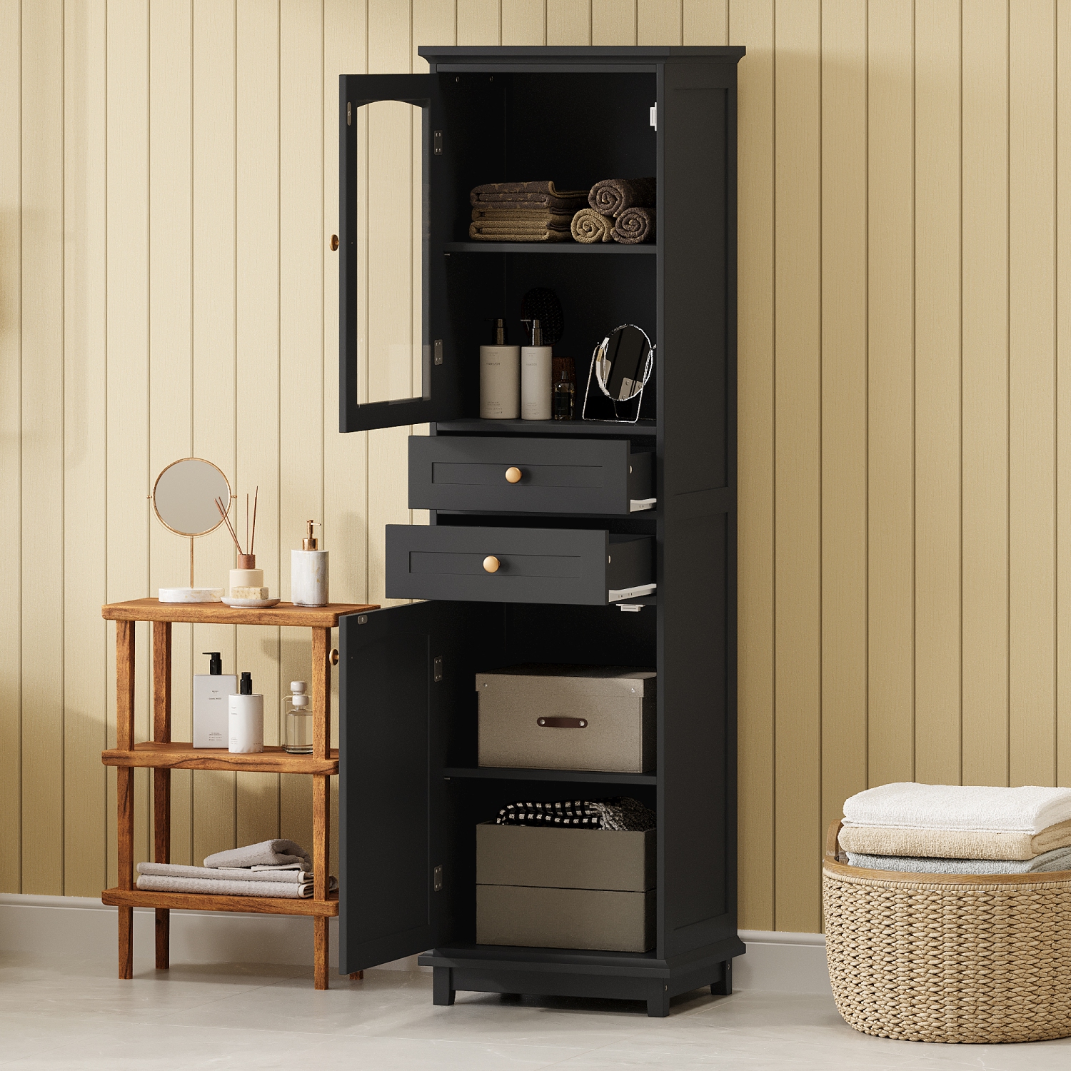 Black Bathroom Storage Cabinet w/ Glass Doors & Drawers