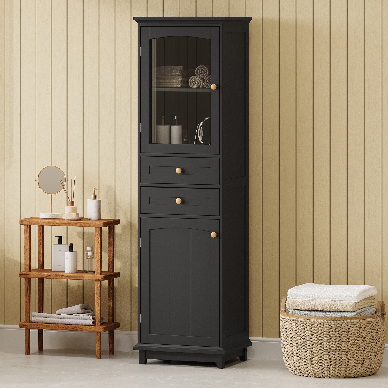 Black Bathroom Storage Cabinet w/ Glass Doors & Drawers