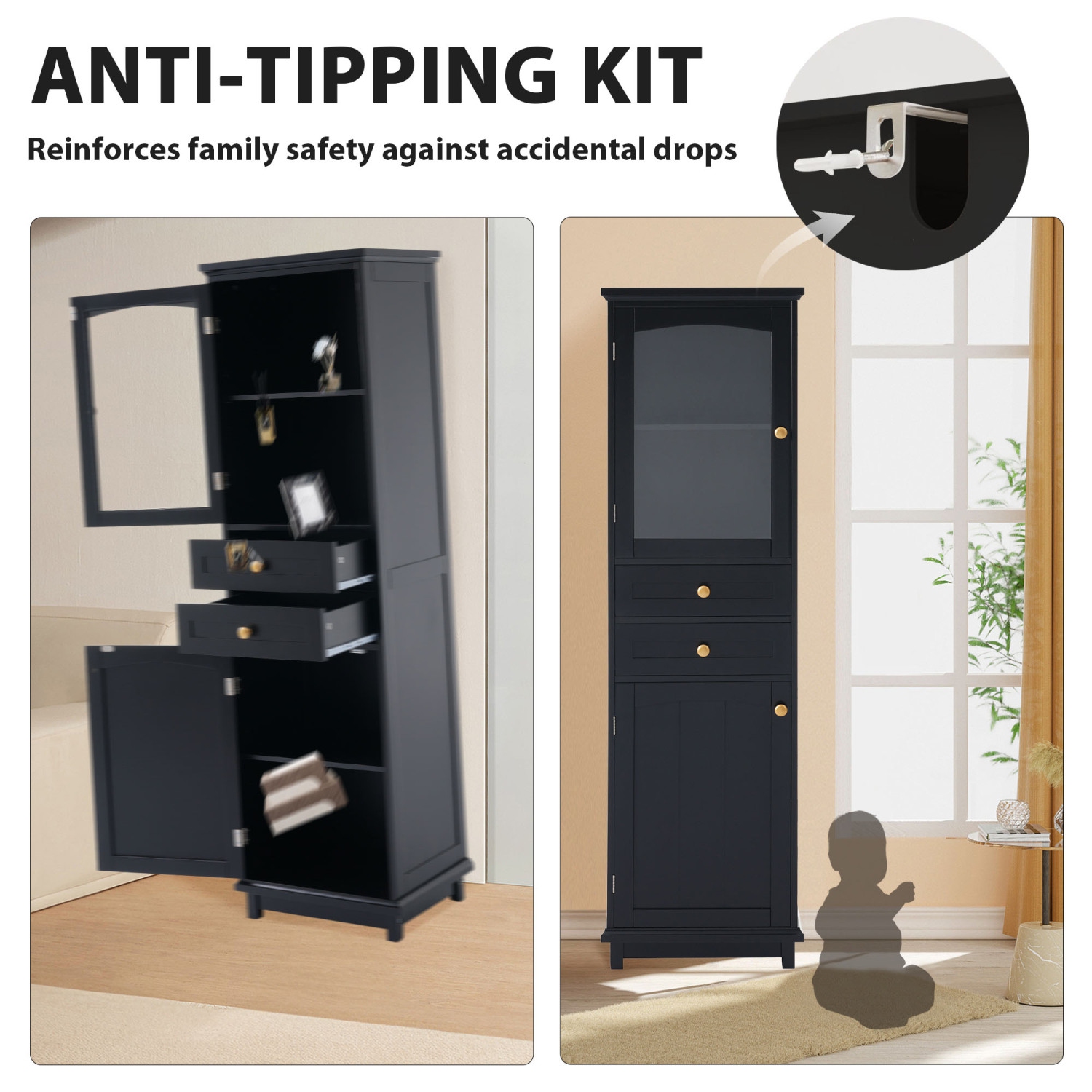 Black Bathroom Storage Cabinet w/ Glass Doors & Drawers