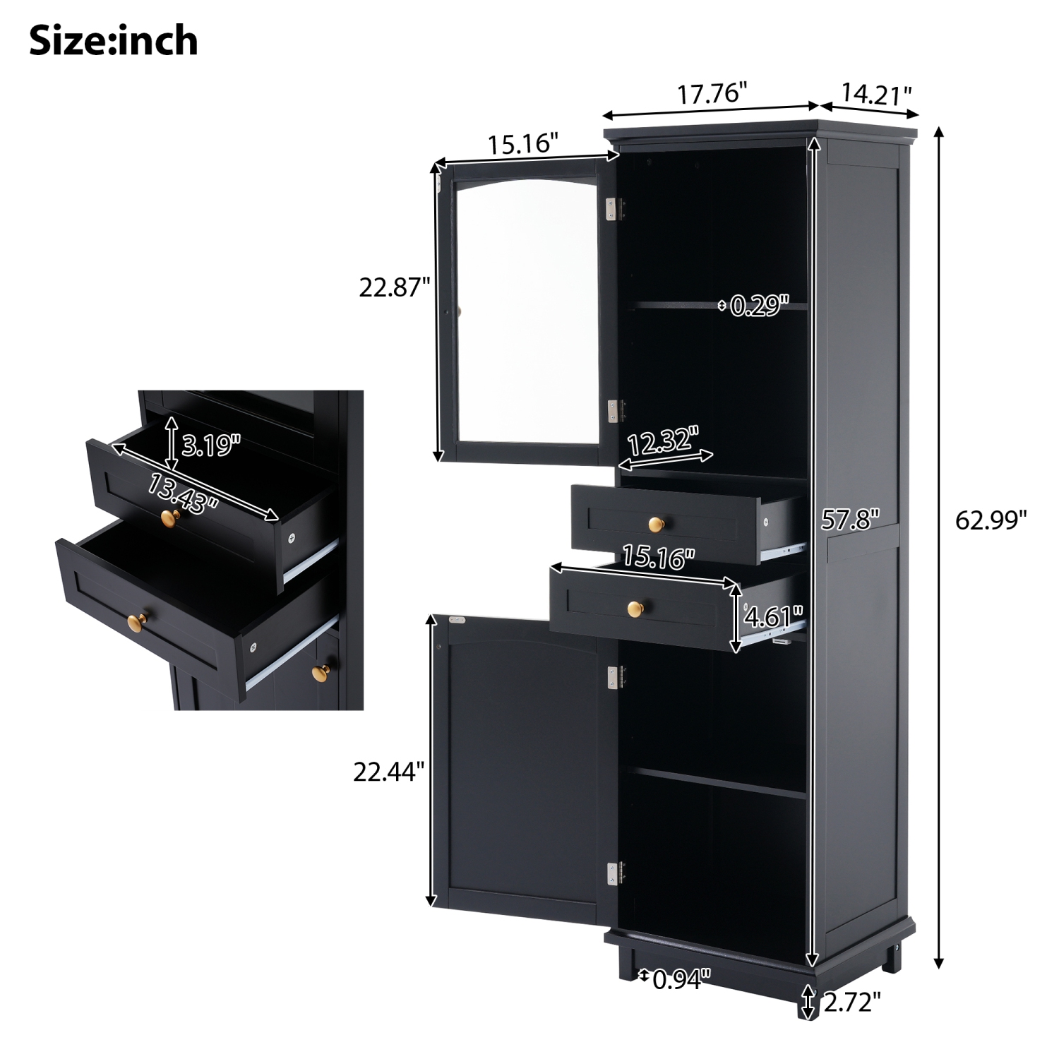 Black Bathroom Storage Cabinet w/ Glass Doors & Drawers