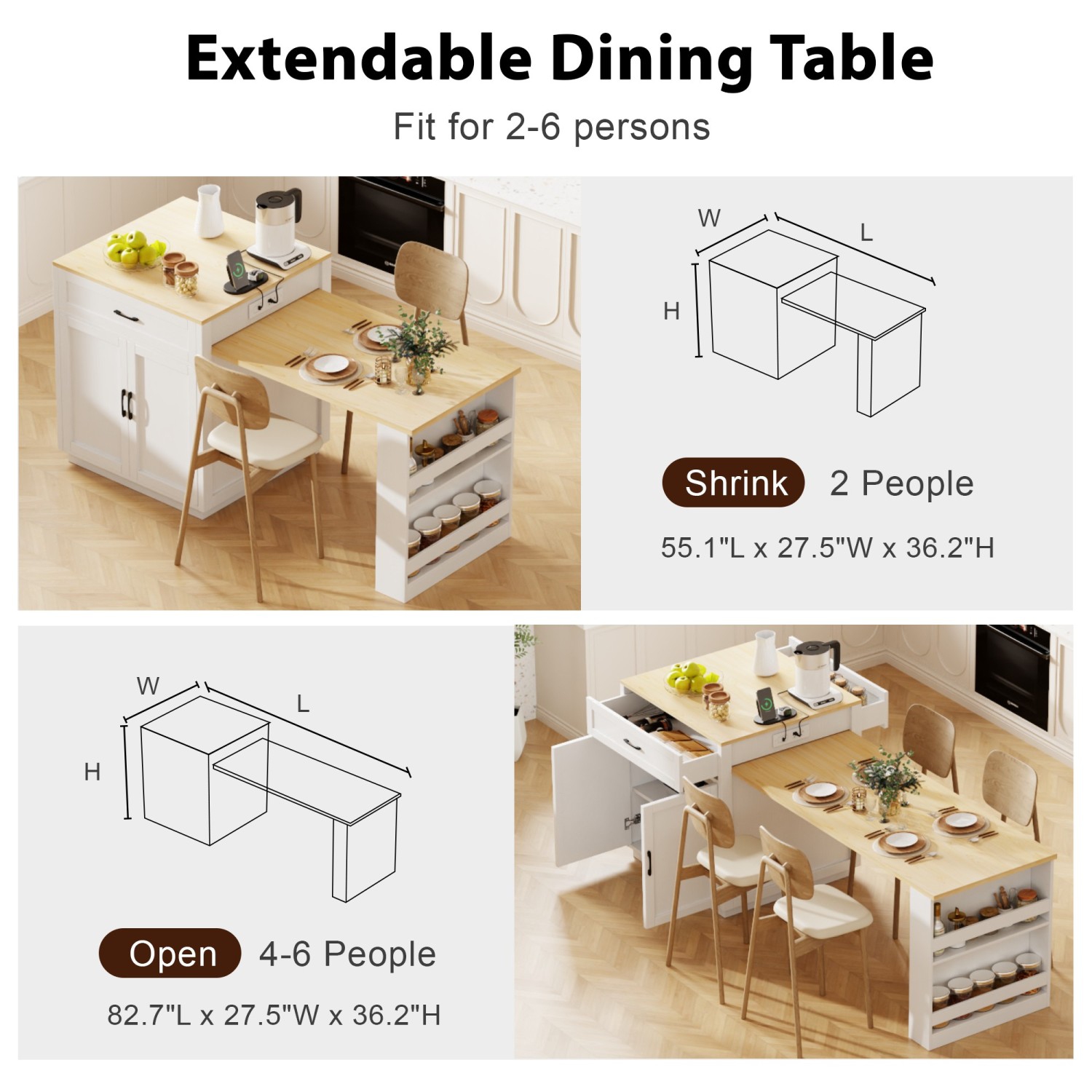 Table extensible pour îlot de cuisine, 82,7 po, rangement, prises, blanc