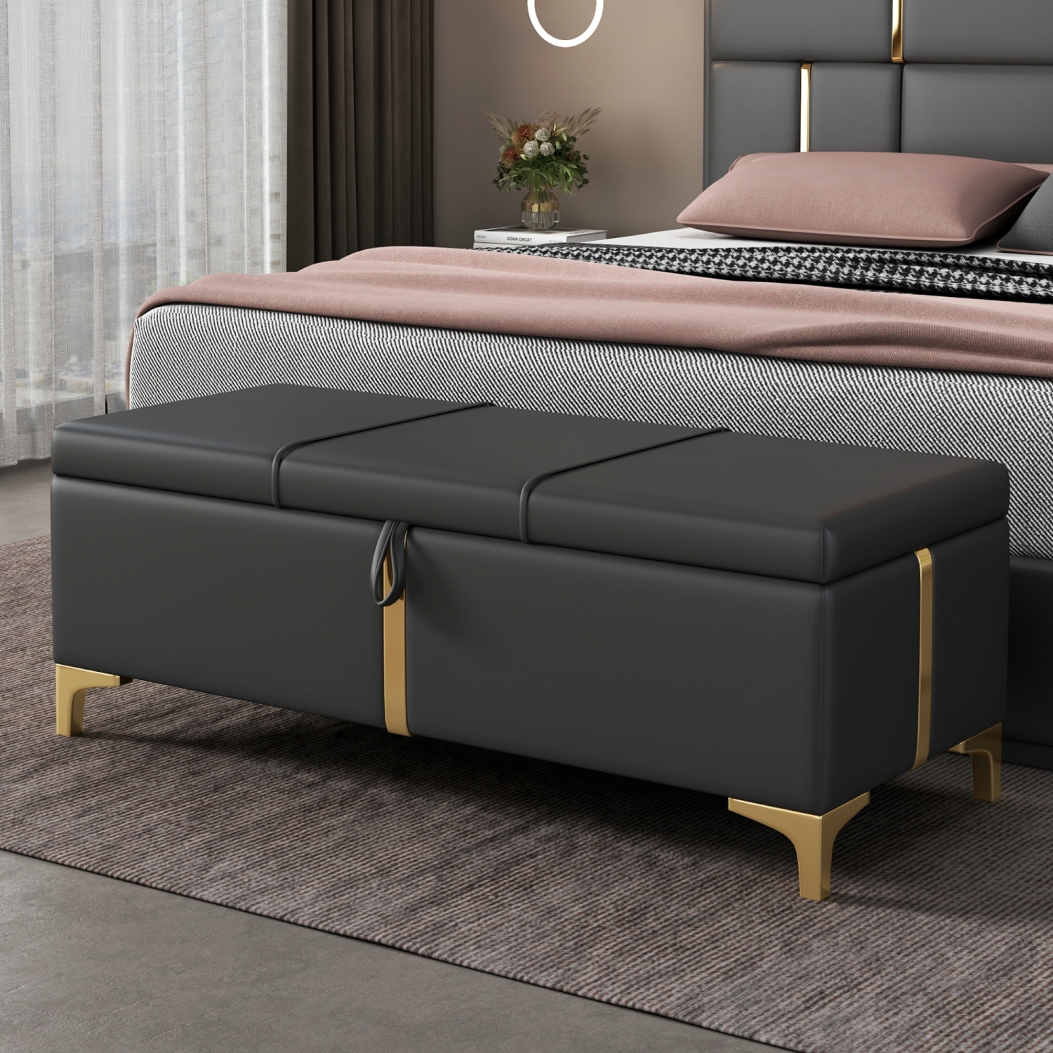 Upholstered Storage Ottoman Bench w/ Metal Legs - Black