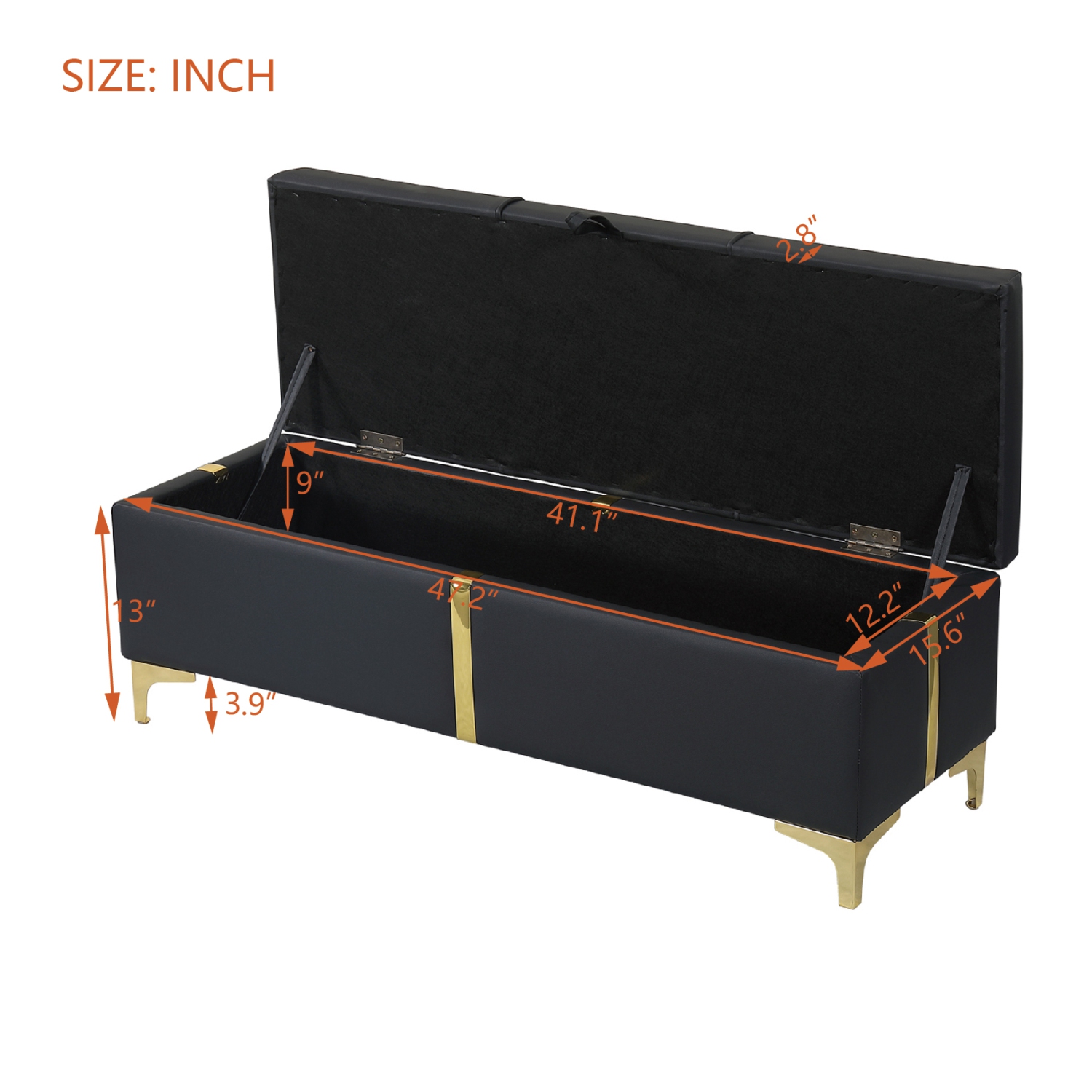 Upholstered Storage Ottoman Bench w/ Metal Legs - Black