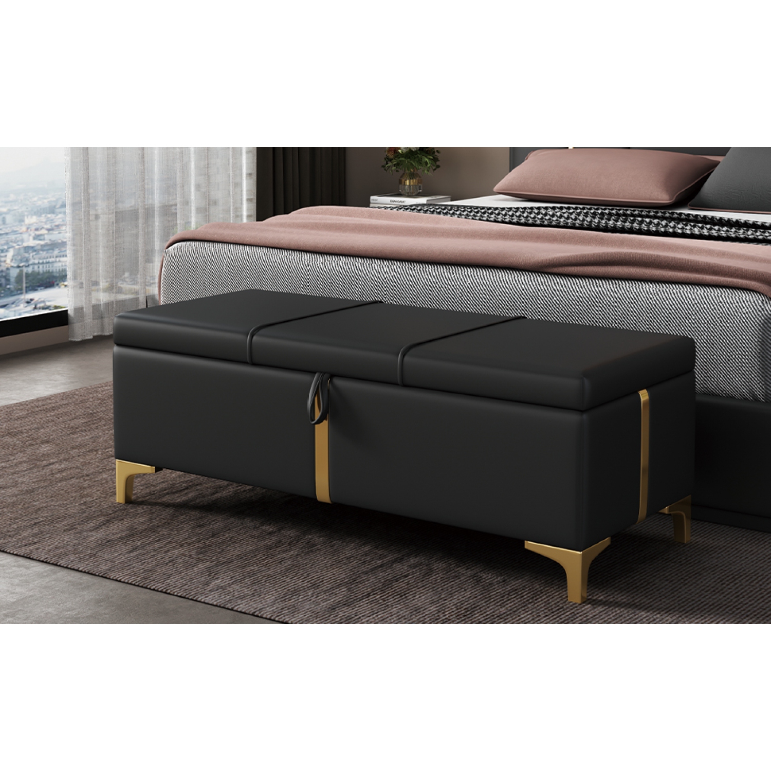 Upholstered Storage Ottoman Bench w/ Metal Legs - Black
